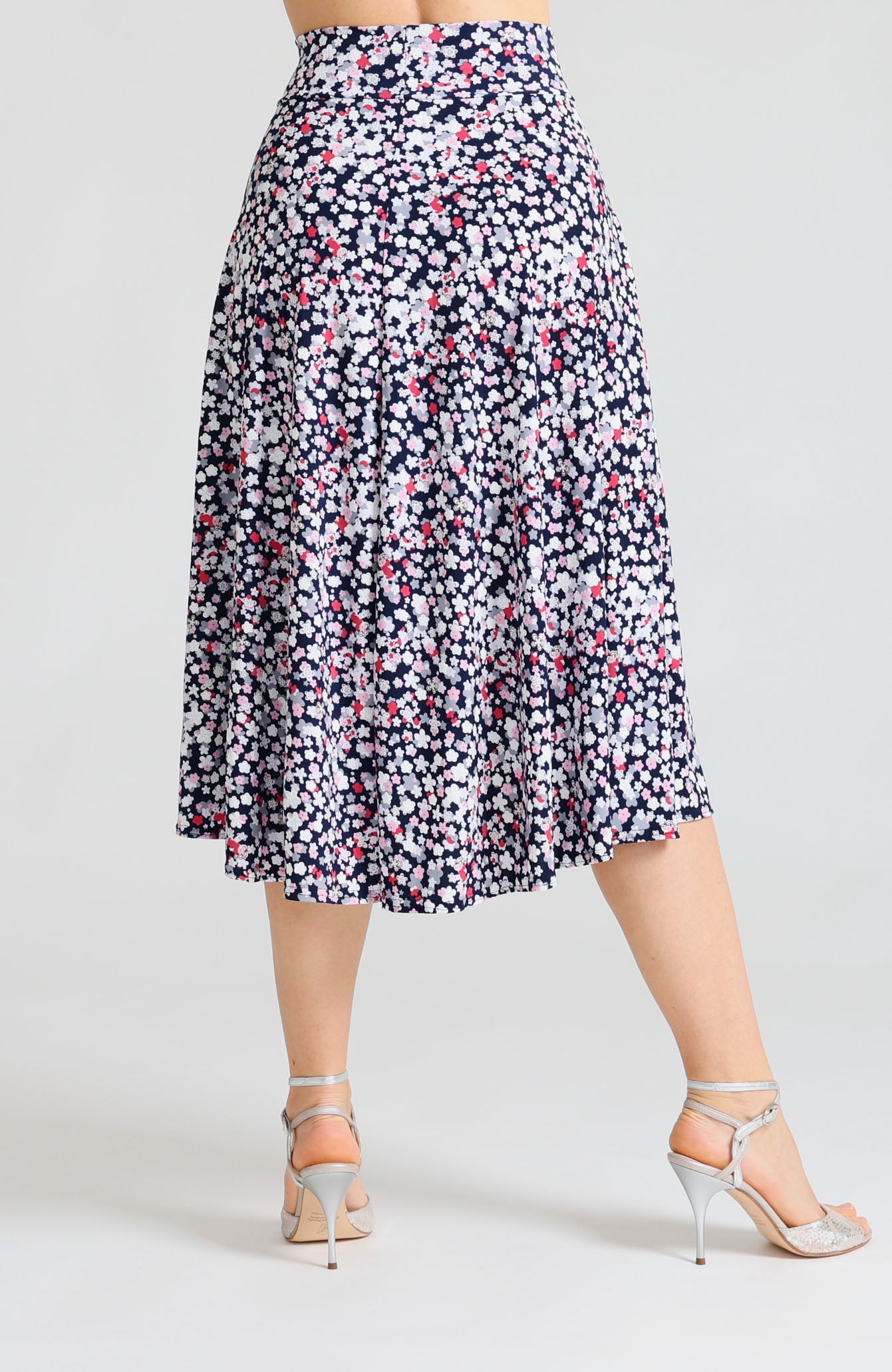 Soft cherry blossom pink A-line tango skirt Audrey with high-low hem.