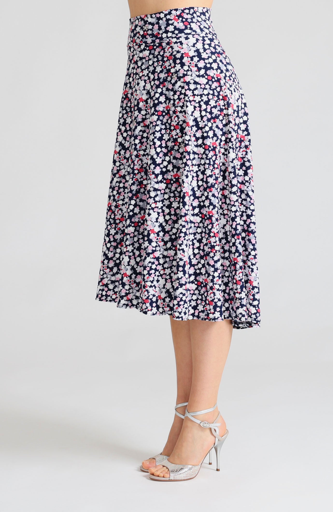 Soft cherry blossom pink A-line tango skirt Audrey with high-low hem.