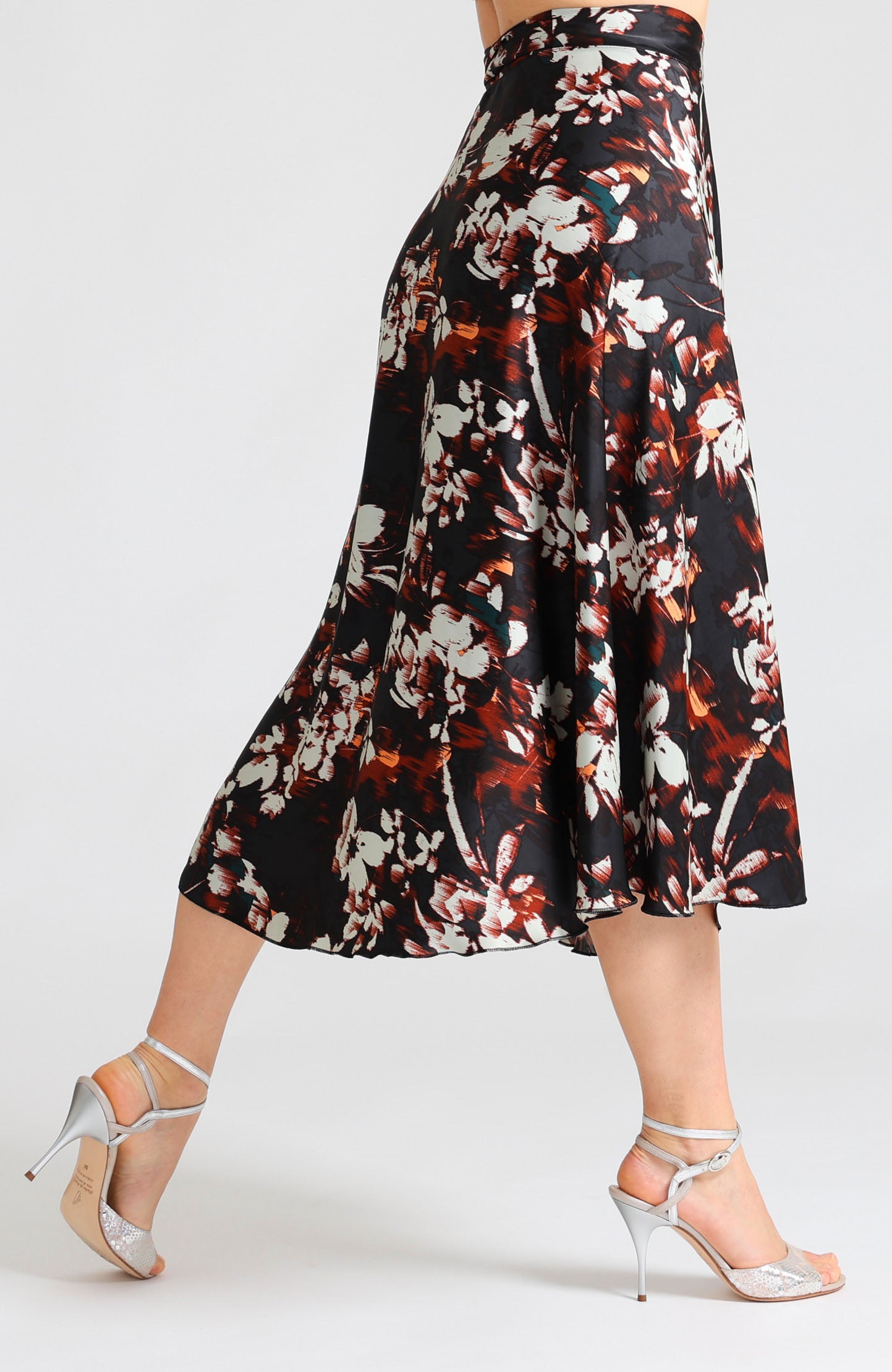 Long wrap tango skirt in chestnut brown print with bow – artistic pattern with a graceful drape GINA.