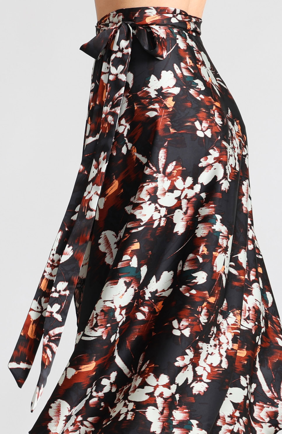 Long wrap tango skirt in chestnut brown print – artistic pattern with a graceful drape by GINA.