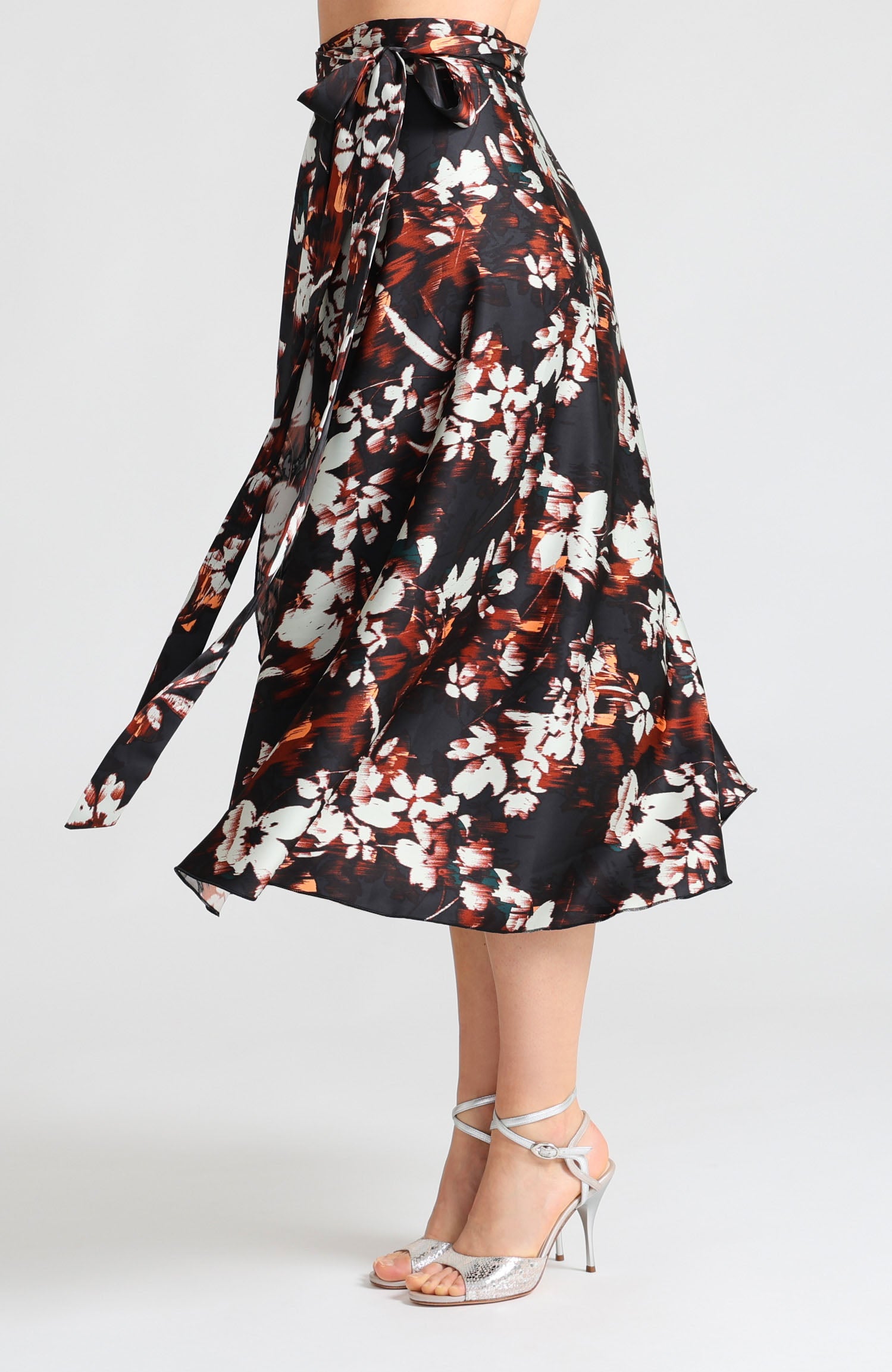 Long wrap tango skirt in chestnut brown print with bow – artistic pattern with a graceful drape GINA.