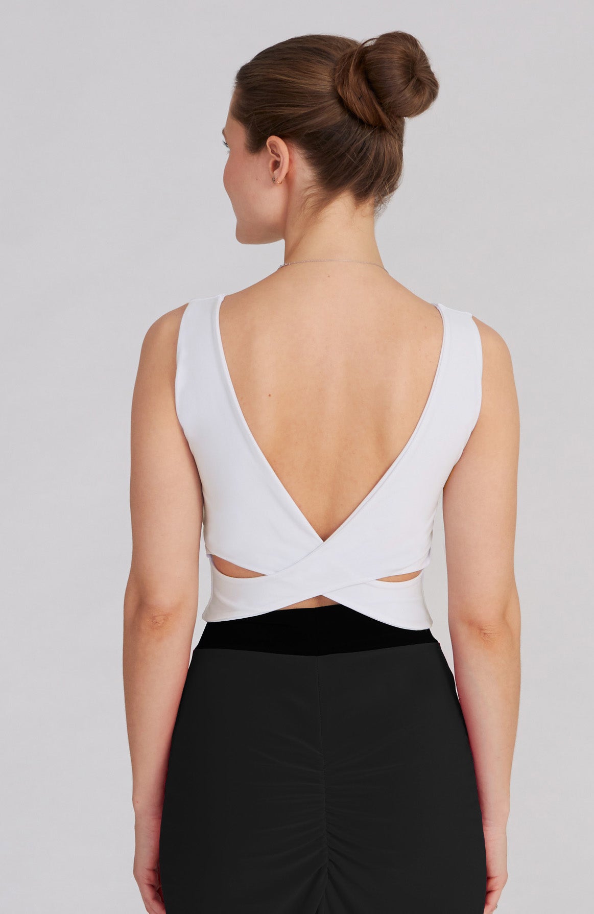 Cream white cross back top MARINA with a bateau neckline and elegant V-back; a versatile cropped dance and lifestyle top.