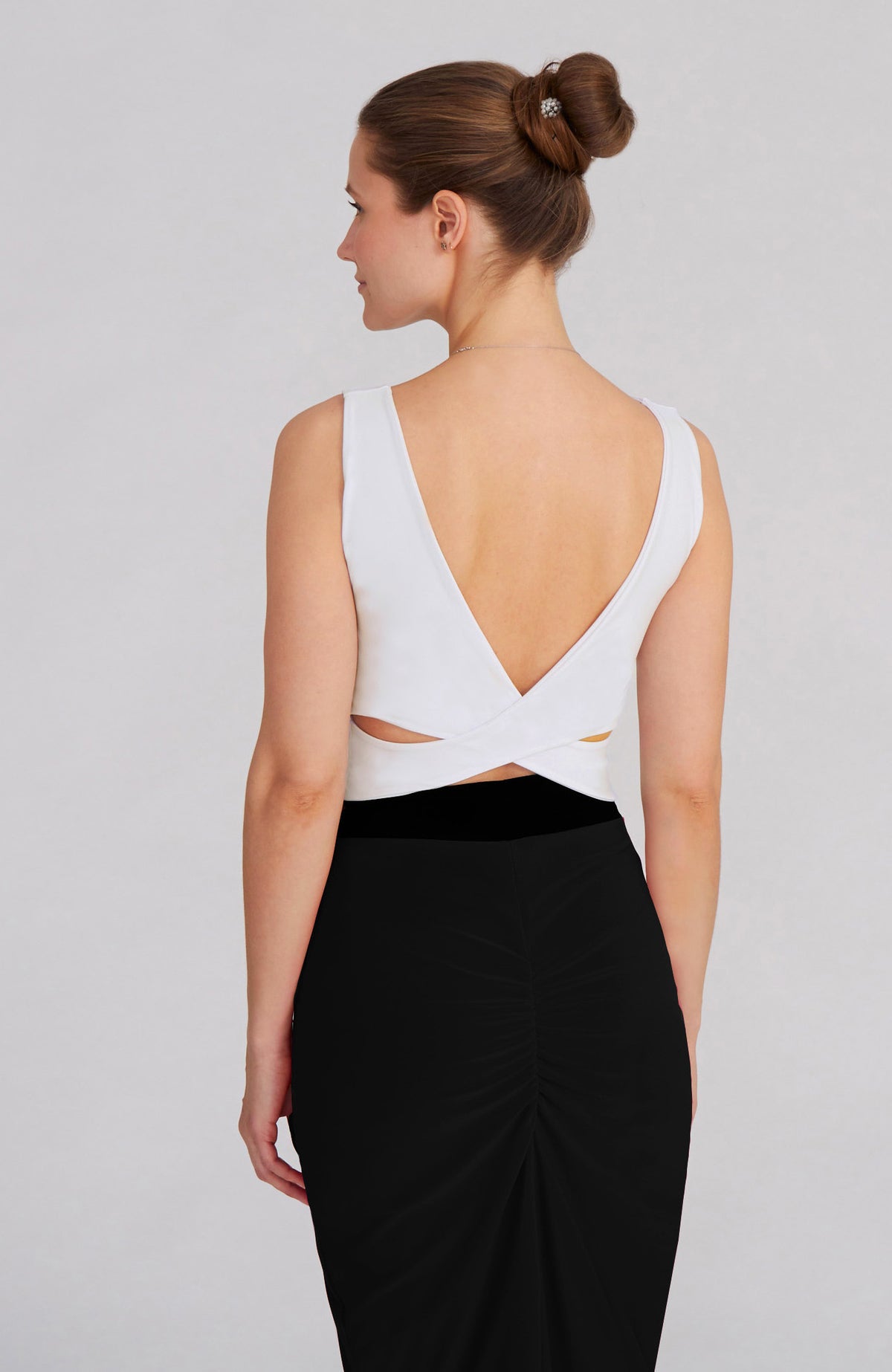 Cream white cross back top MARINA with a bateau neckline and elegant V-back; a versatile cropped dance and lifestyle top.