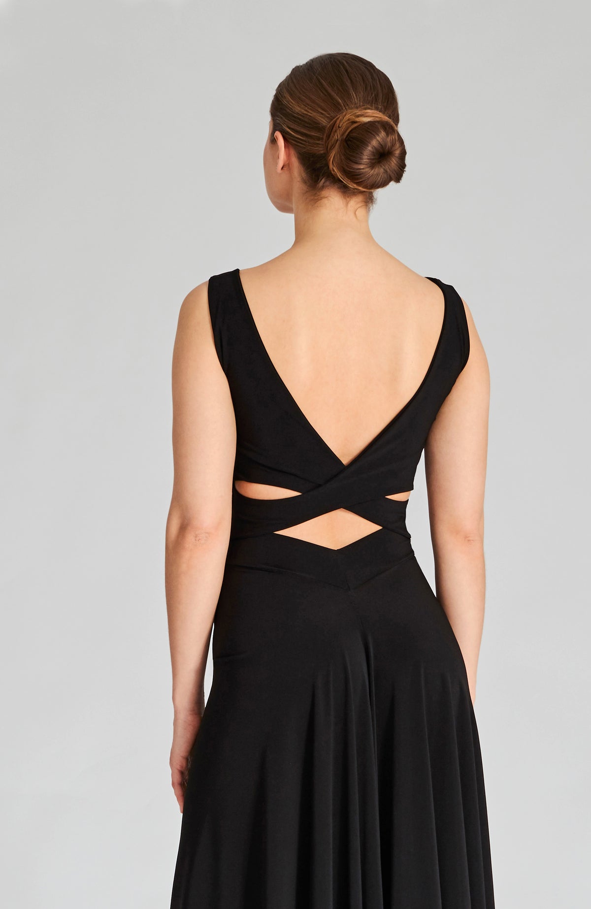 Black cross back top MARINA with a bateau neckline and elegant V-back; a versatile cropped dance and lifestyle top.
