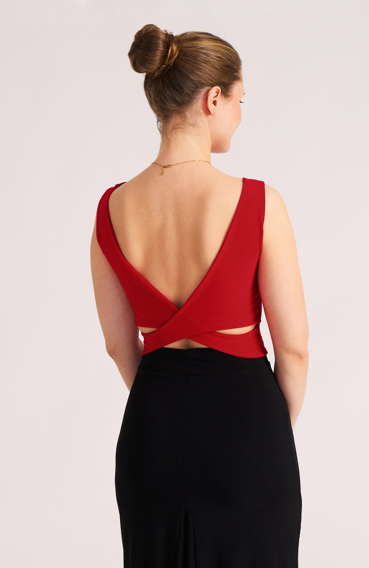 Red cross-back tango top for high-waisted skirts