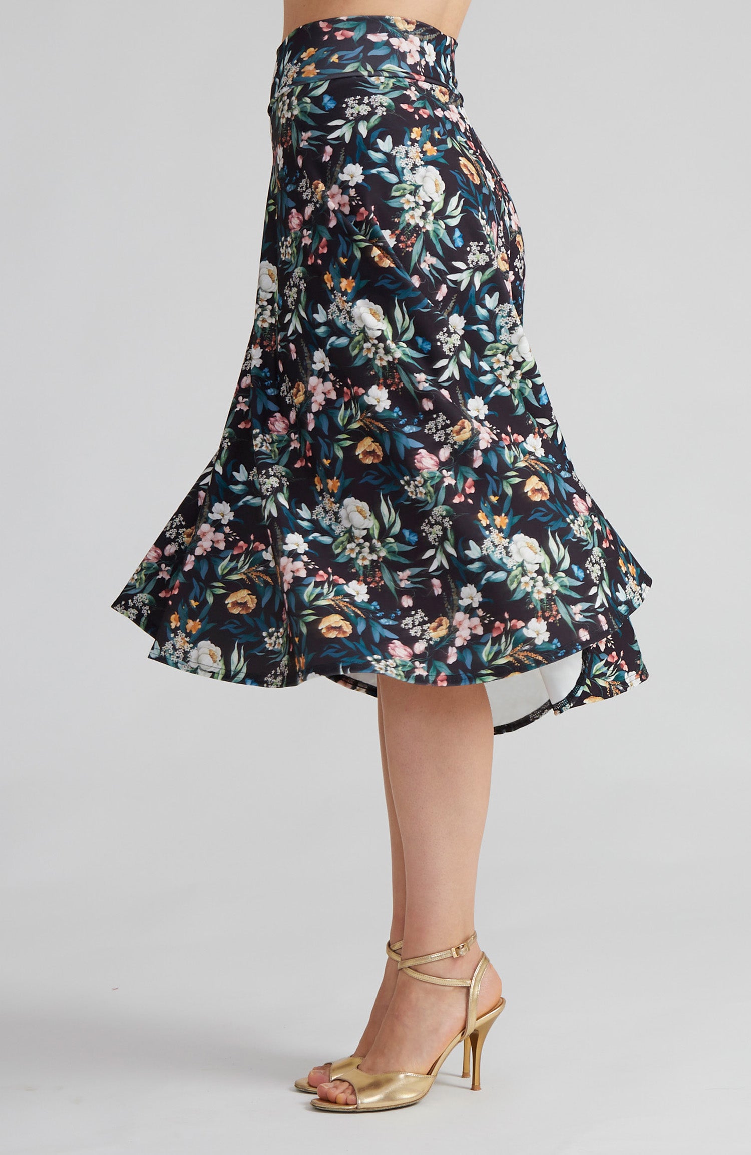 Floral A-line tango skirt AUDREY with a flowing high-low hem and vibrant print