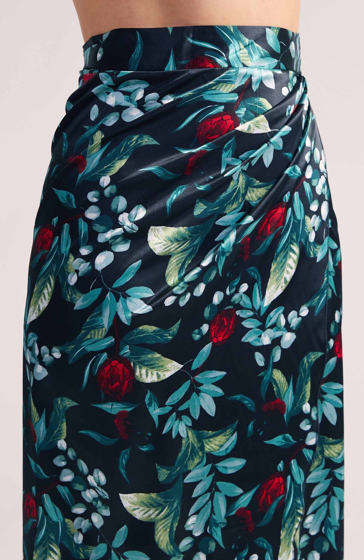 Satin Tango Wrap Skirt with Draped Detail in Red Blossoms on Navy Blue – JULIET