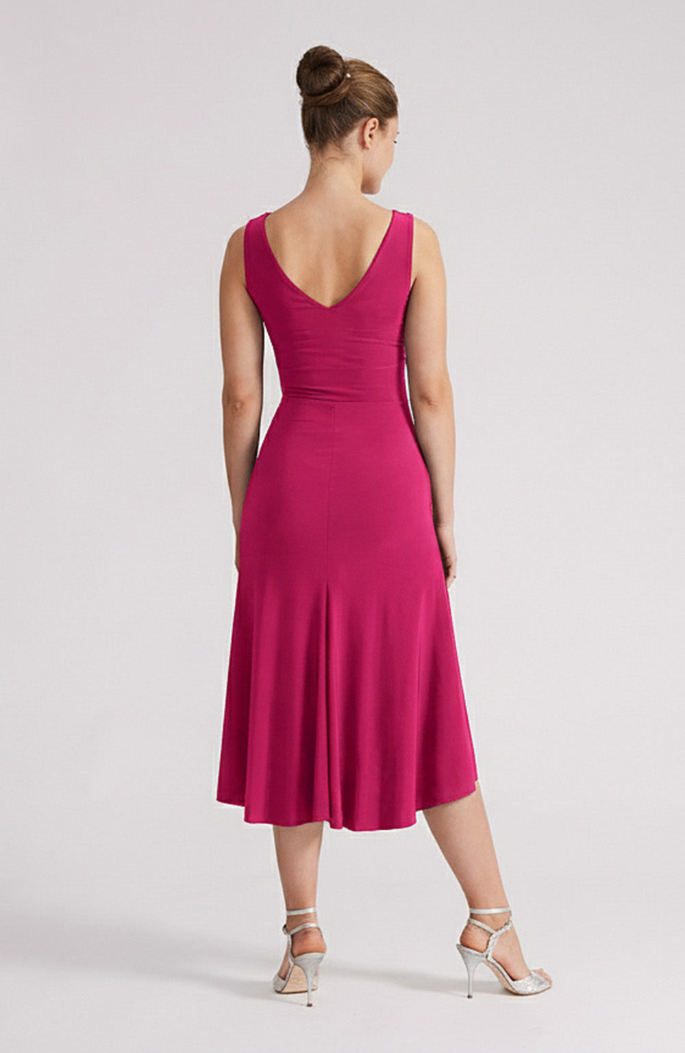 Fuchsia A-line tango dress CARLA with a bateau neckline and flowing high-low hem.