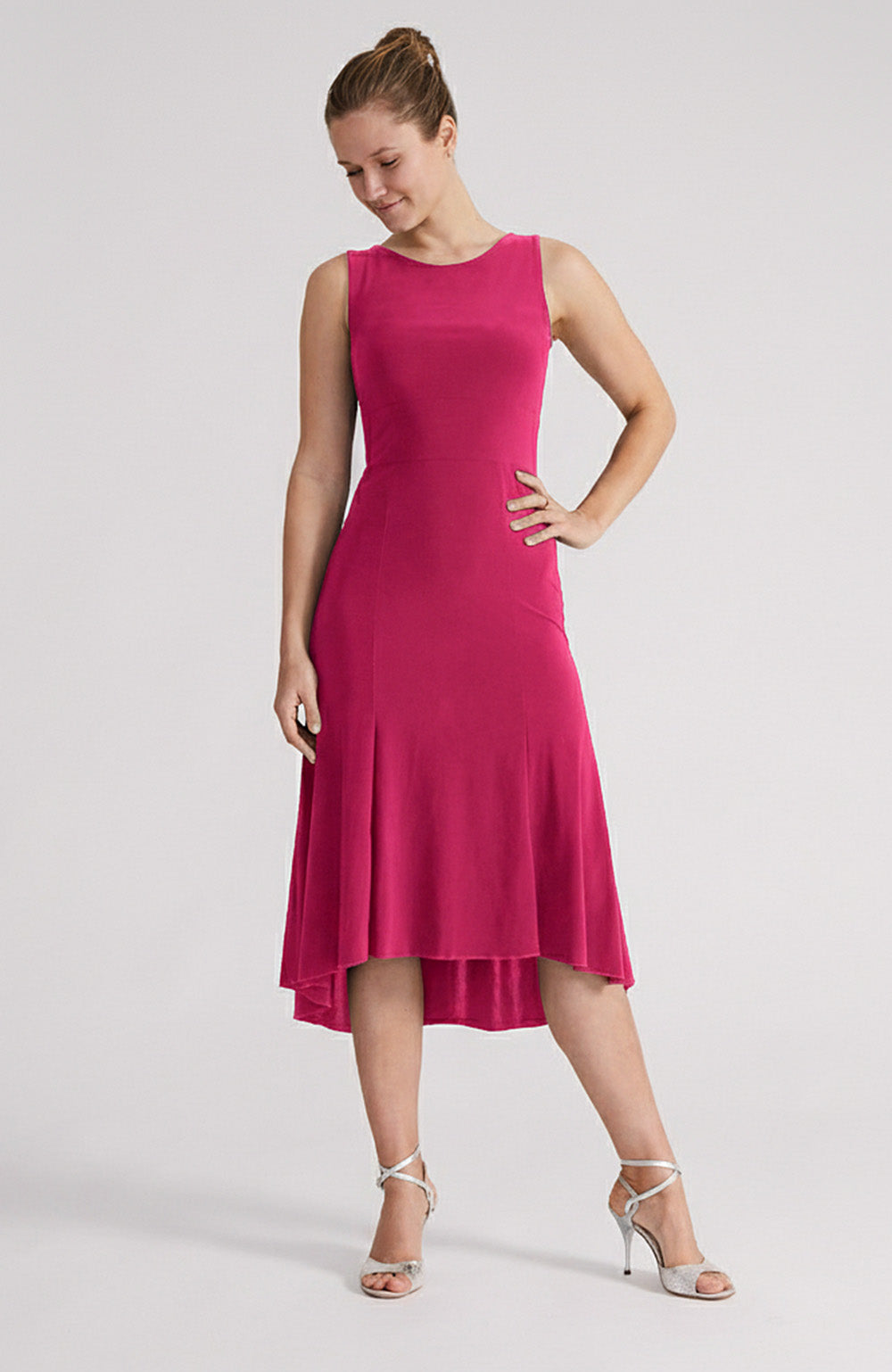 Fuchsia A-line tango dress CARLA with a bateau neckline and flowing high-low hem.