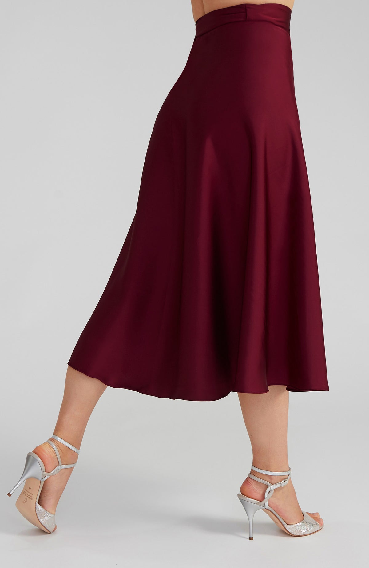 Long Bordeaux red satin wrap skirt GINA with a side-tie waist; an elegant Argentine tango skirt designed for a flowing, elongated silhouette.