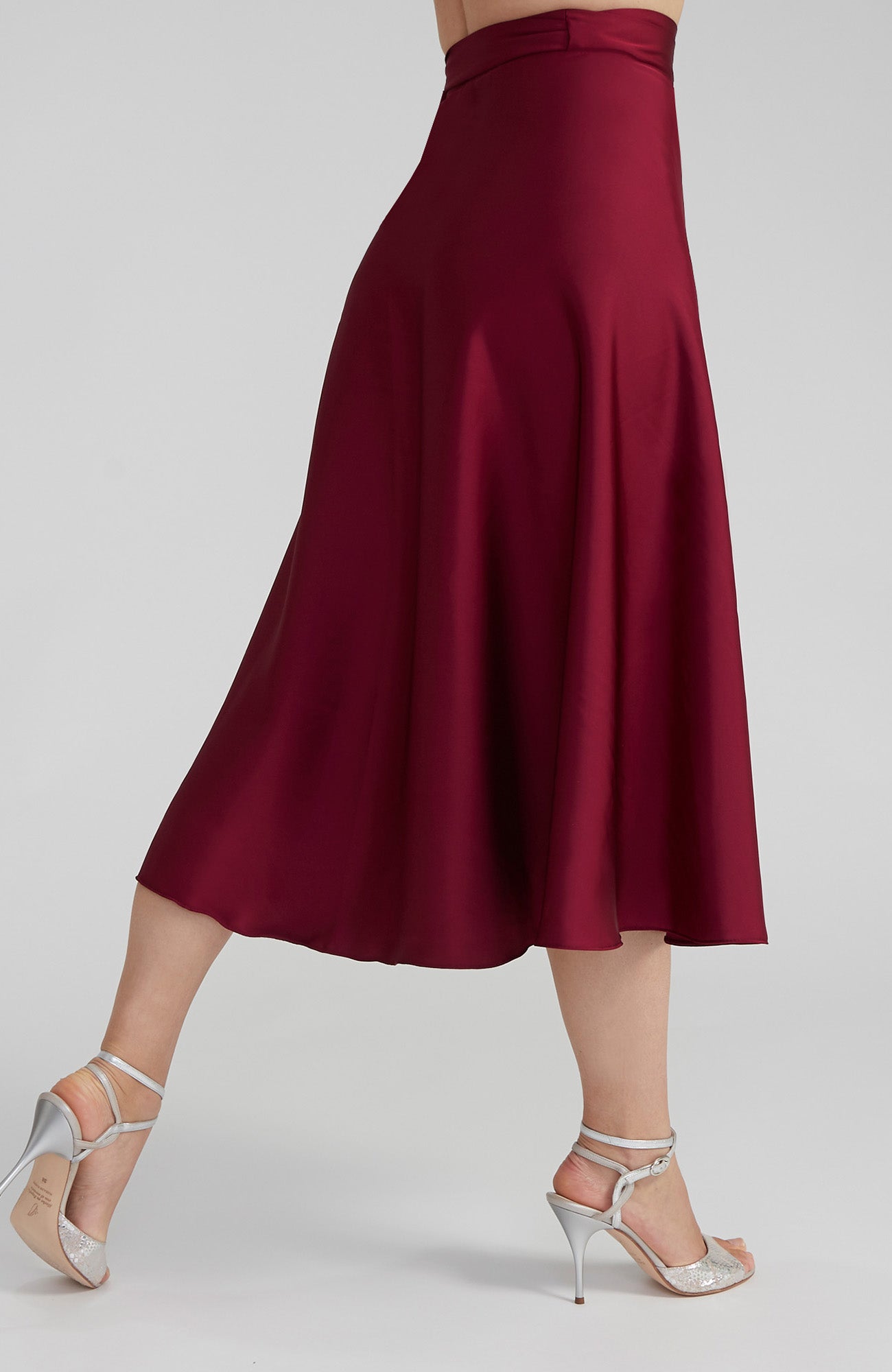 Long Bordeaux red satin wrap skirt GINA; an elegant Argentine tango skirt designed for a flowing, elongated silhouette.