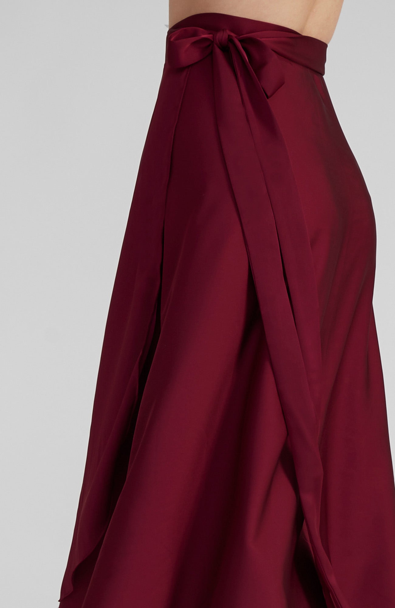 Long Bordeaux red satin wrap skirt GINA with a side-tie waist; an elegant Argentine tango skirt designed for a flowing, elongated silhouette.