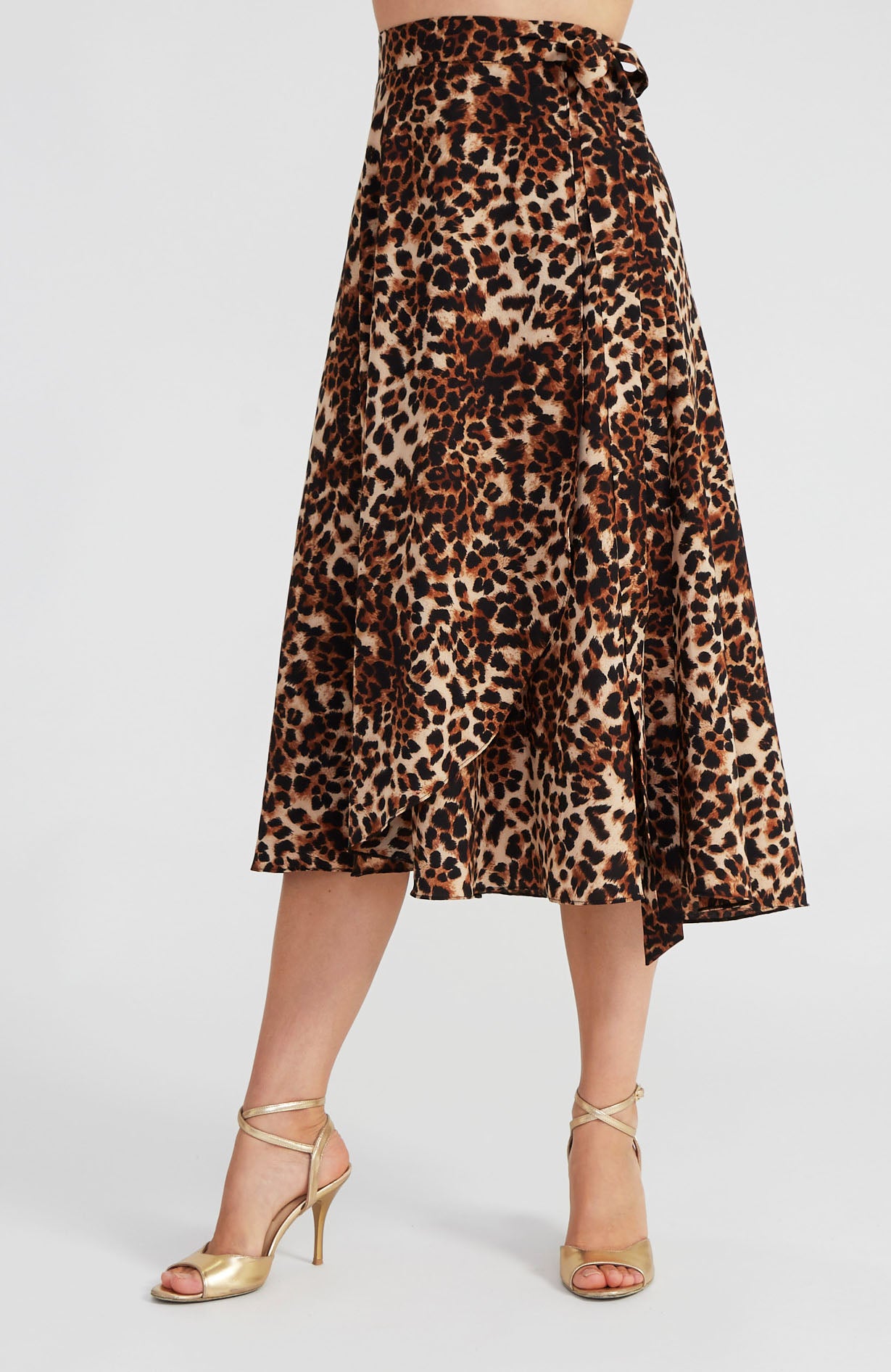 Leopard print long wrap tango skirt GINA with a fluid drape for dancing.