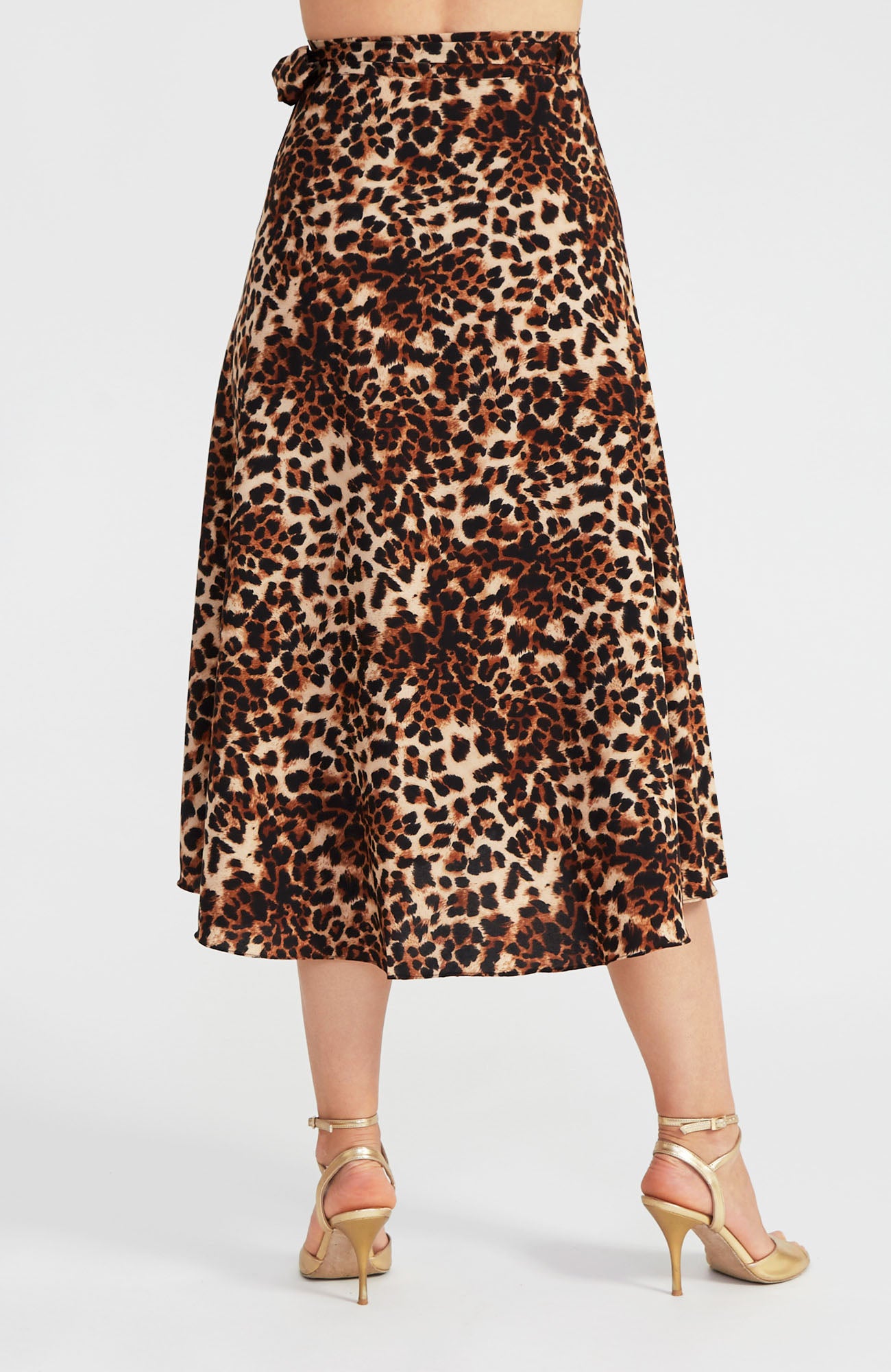 Leopard print long wrap tango skirt GINA with a fluid drape for dancing.