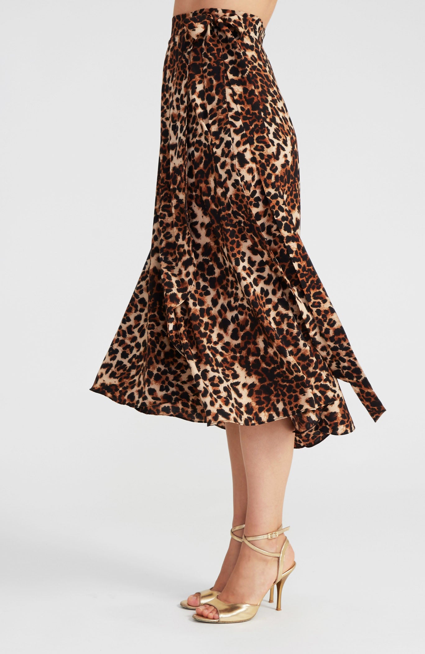 Leopard print long wrap tango skirt GINA with a fluid drape for dancing.