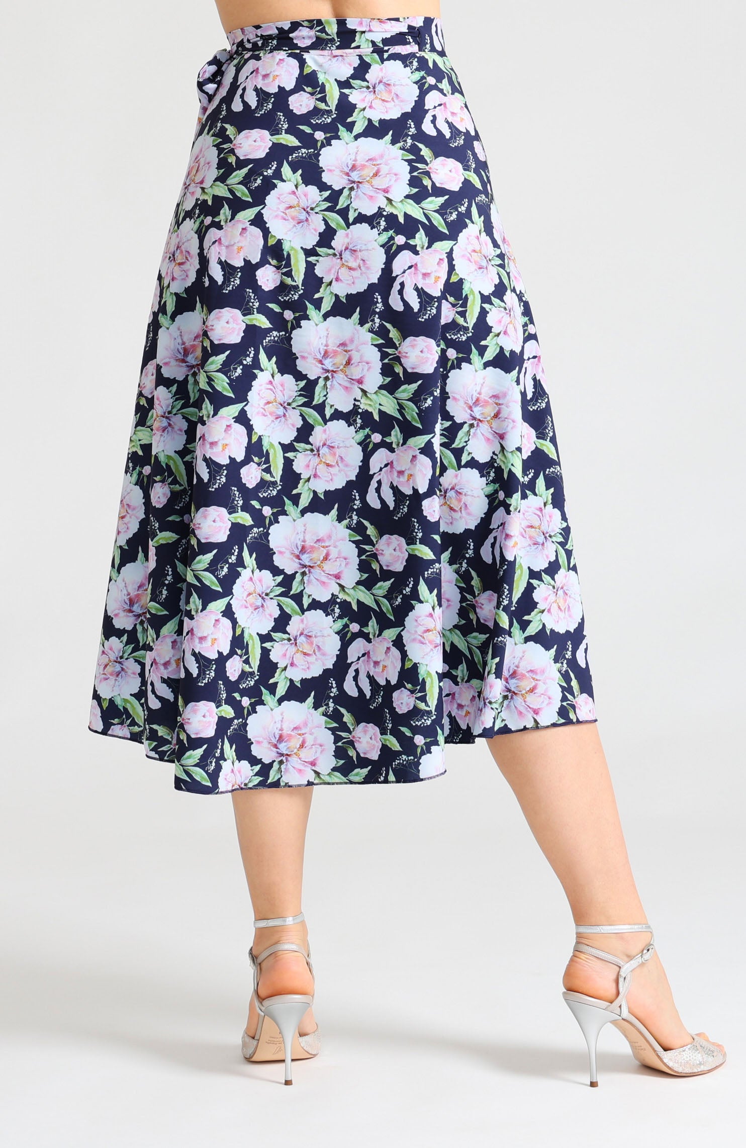 Long wrap tango skirt in peony blossoms floral print – flowing floor-length silhouette for dance.