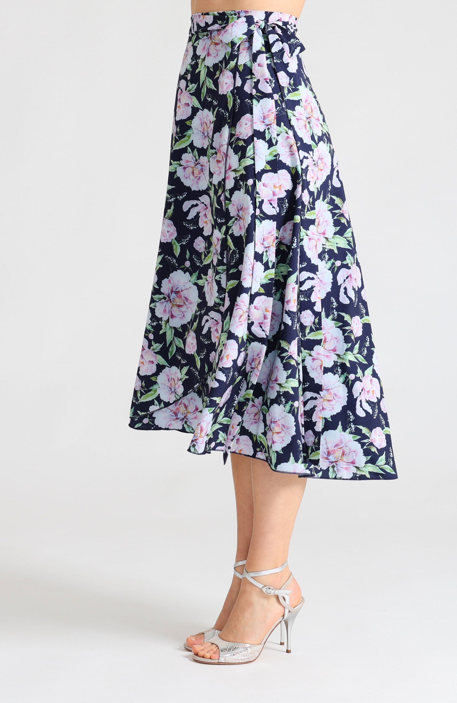 Long wrap tango skirt in peony blossoms floral print – flowing floor-length silhouette for dance.