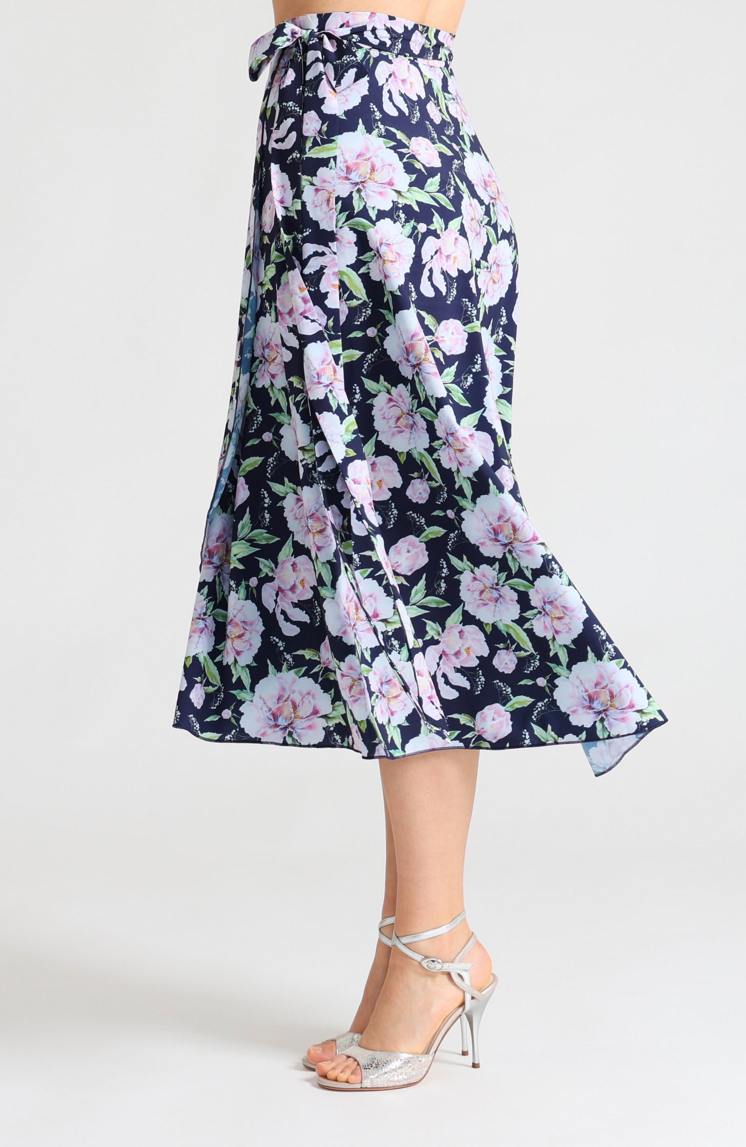 Long wrap tango skirt in peony blossoms floral print – flowing floor-length silhouette for dance.
