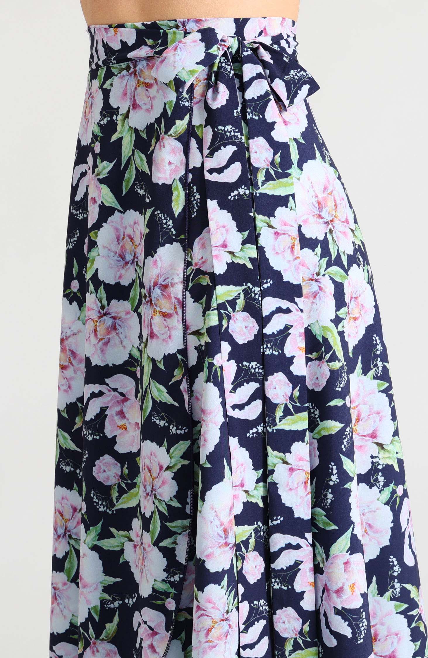 Long wrap tango skirt in peony blossoms floral print – flowing floor-length silhouette for dance.