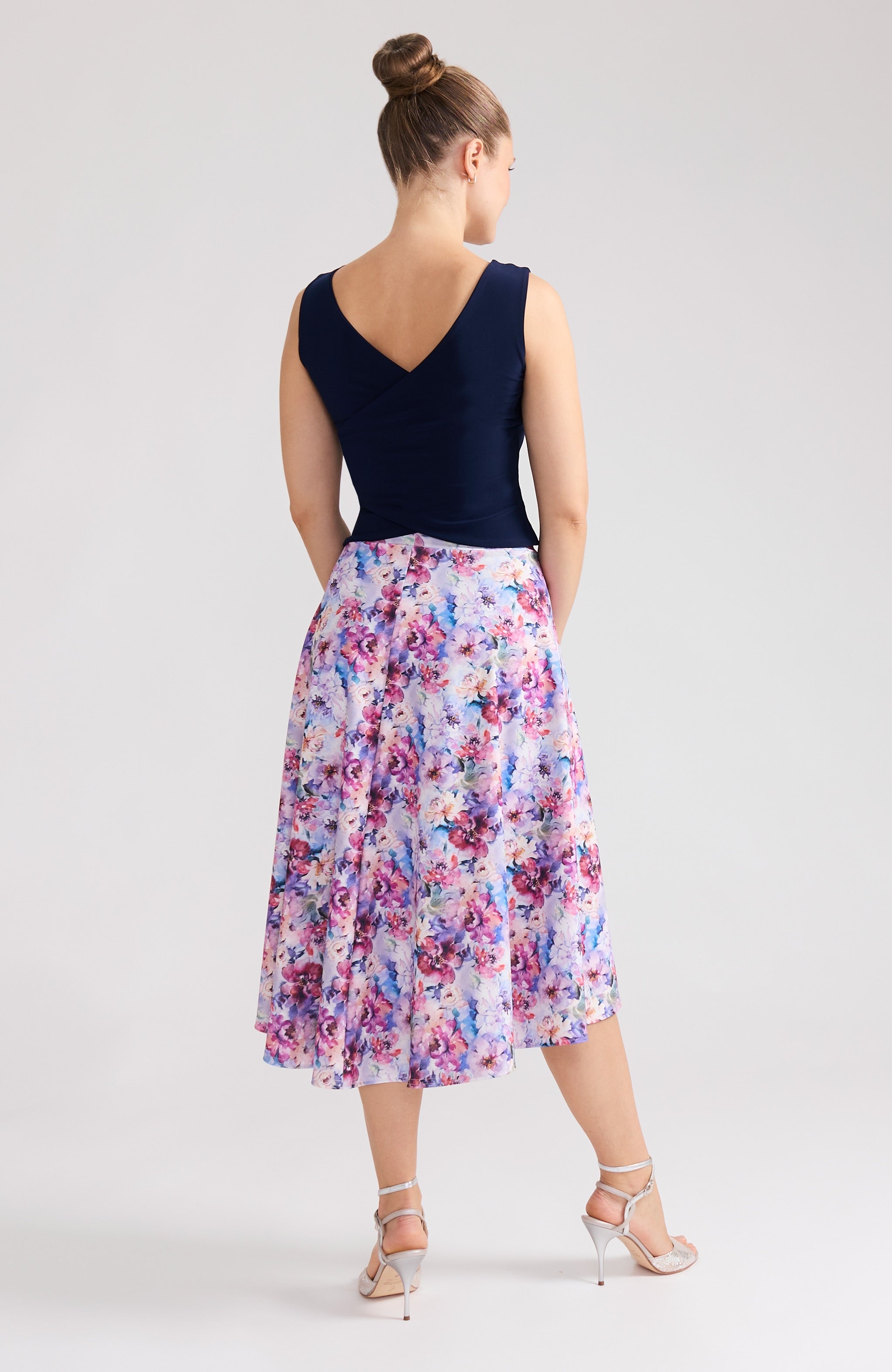 Pastel blossom floral A-line tango skirt AUDREY with a flowing high-low hem and delicate print.