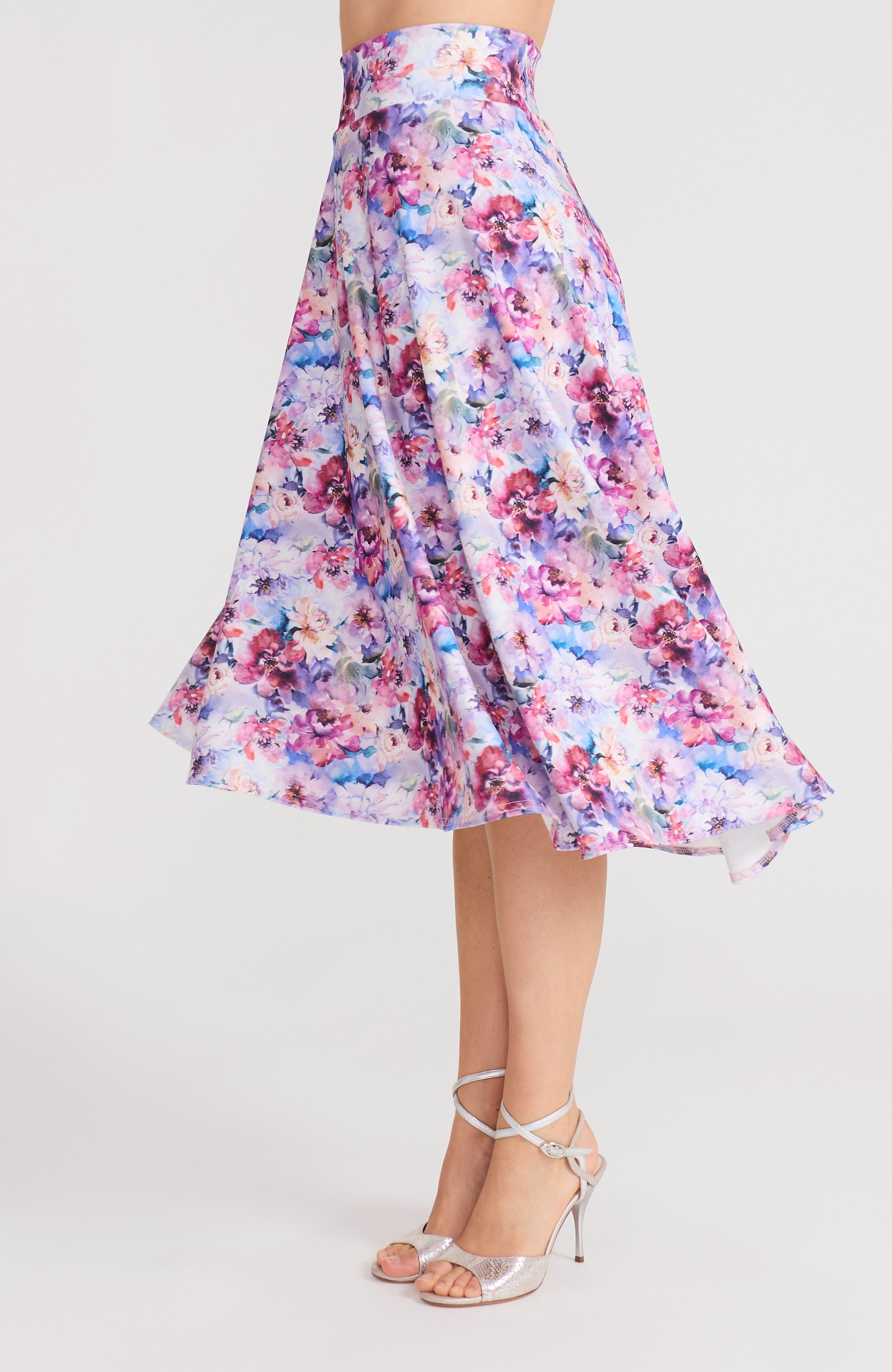 Pastel blossom floral A-line tango skirt AUDREY with a flowing high-low hem and delicate print.
