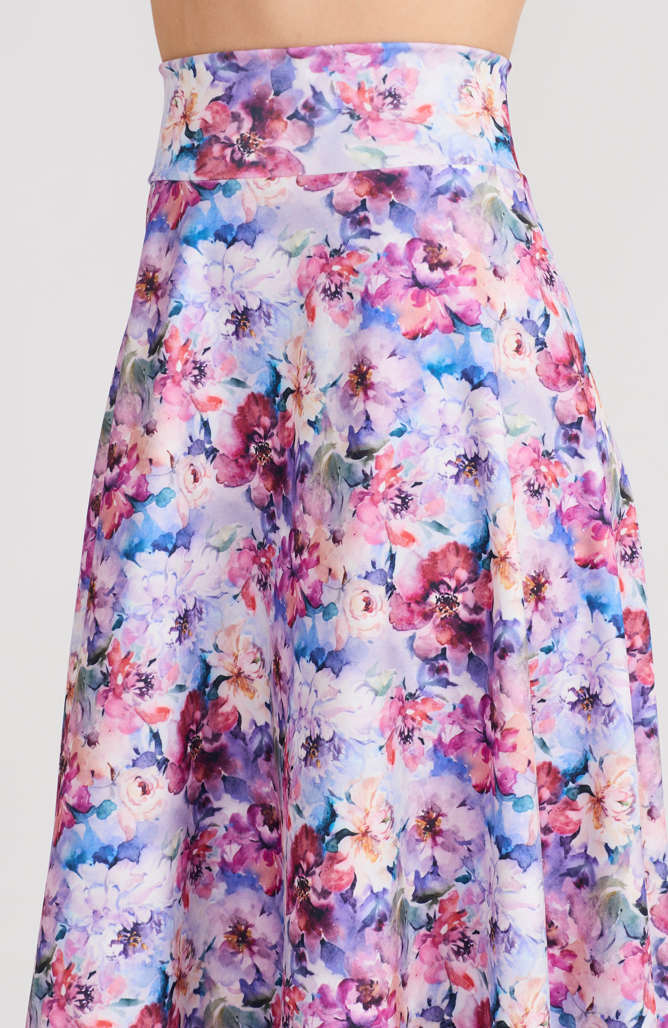 Pastel blossom floral A-line tango skirt AUDREY with a flowing high-low hem and delicate print.