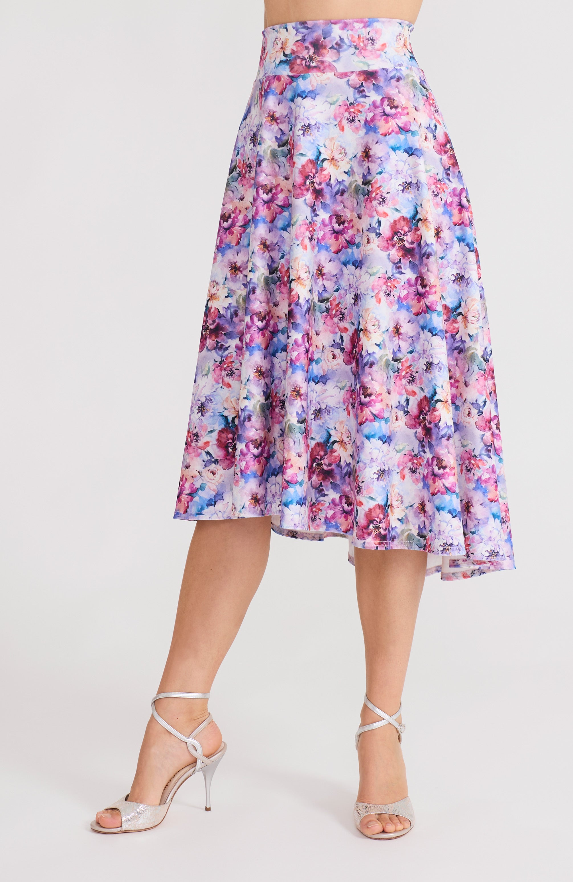 Pastel blossom floral A-line tango skirt AUDREY with a flowing high-low hem and delicate print.