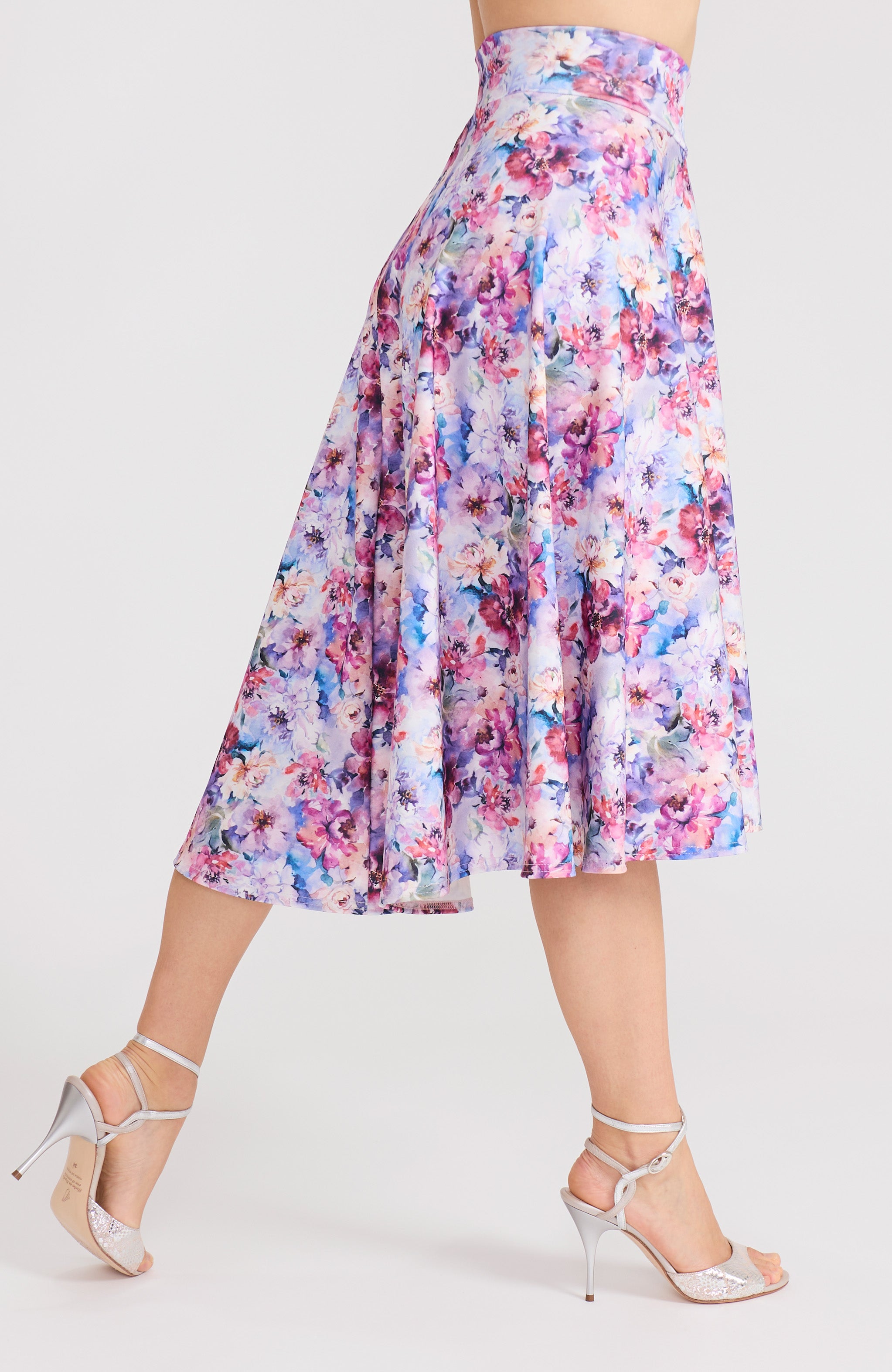 Pastel blossom floral A-line tango skirt AUDREY with a flowing high-low hem and delicate print.