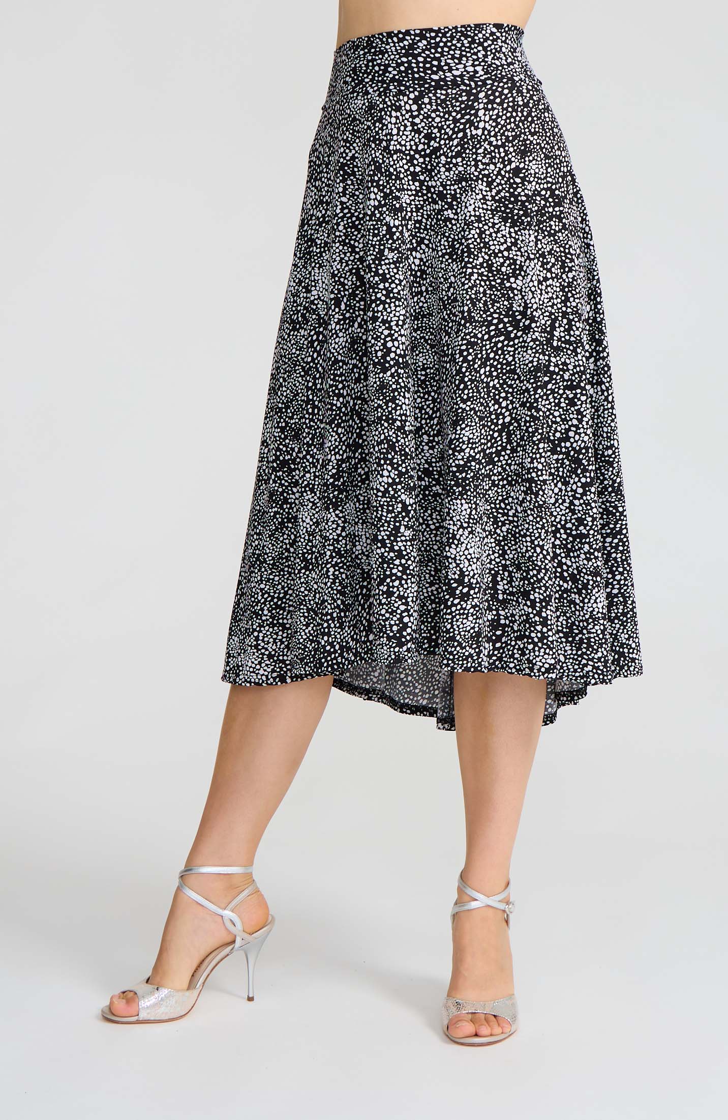 Model wearing the AUDREY black and white polka dot A-line tango skirt.