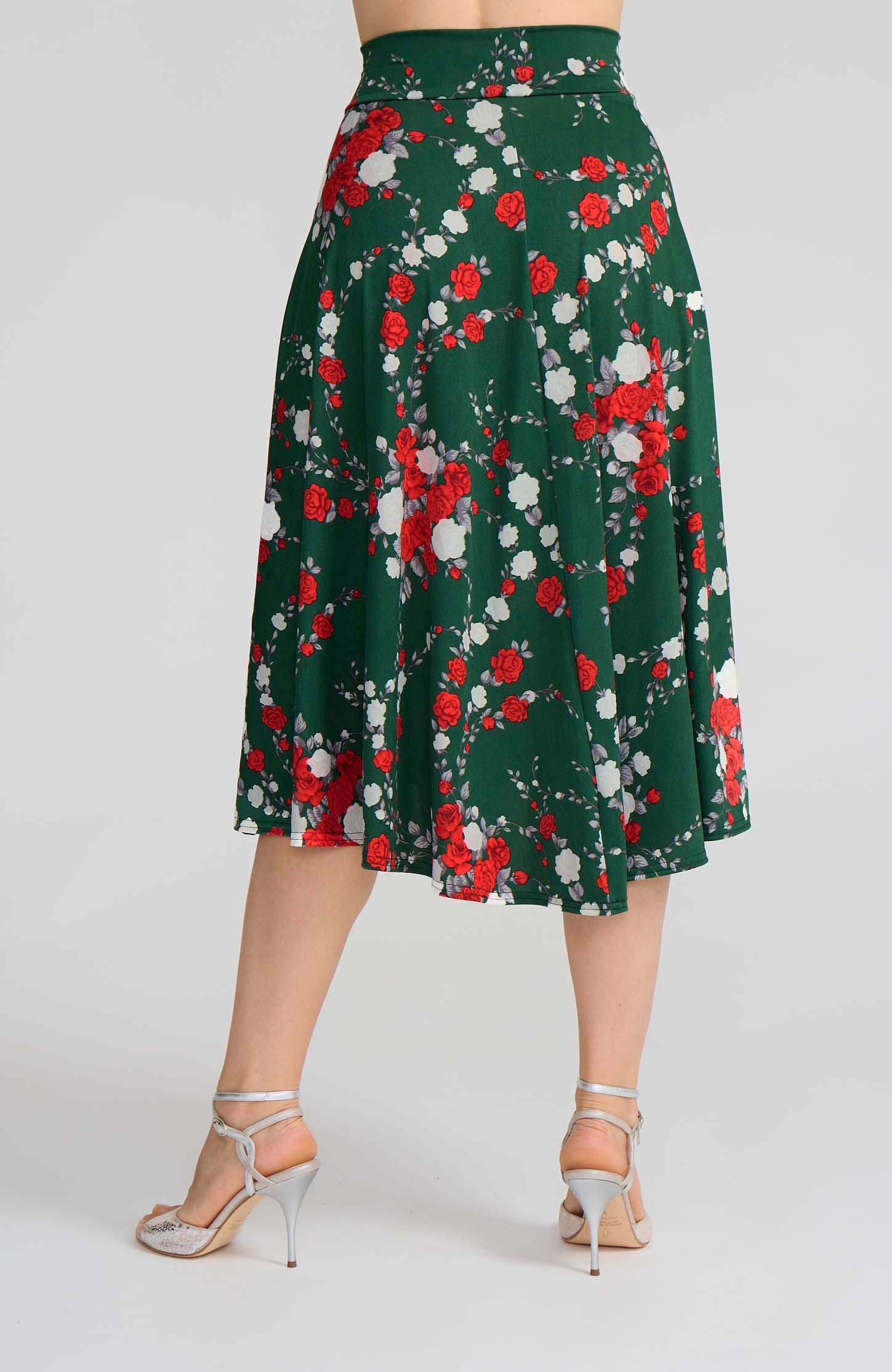 Model wearing the AUDREY red rose print on green A-line tango skirt.