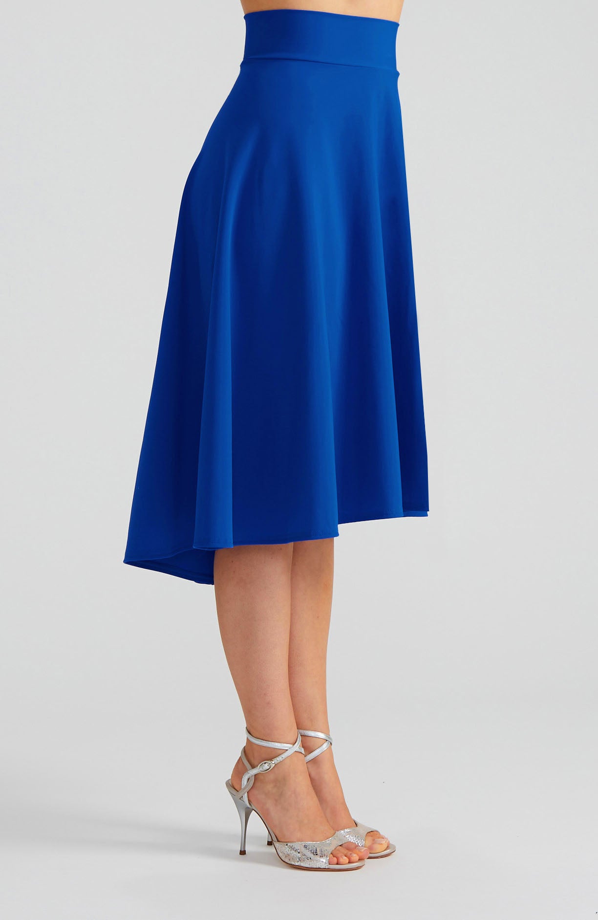 Royal blue A-line Argentine tango skirt AUDREY with a flowing high-low hem.