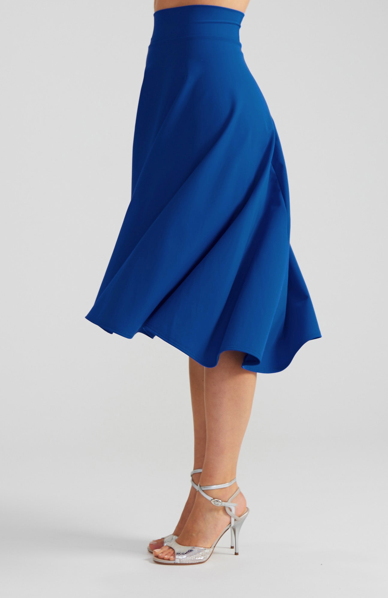 Royal blue A-line Argentine tango skirt AUDREY with a flowing high-low hem.