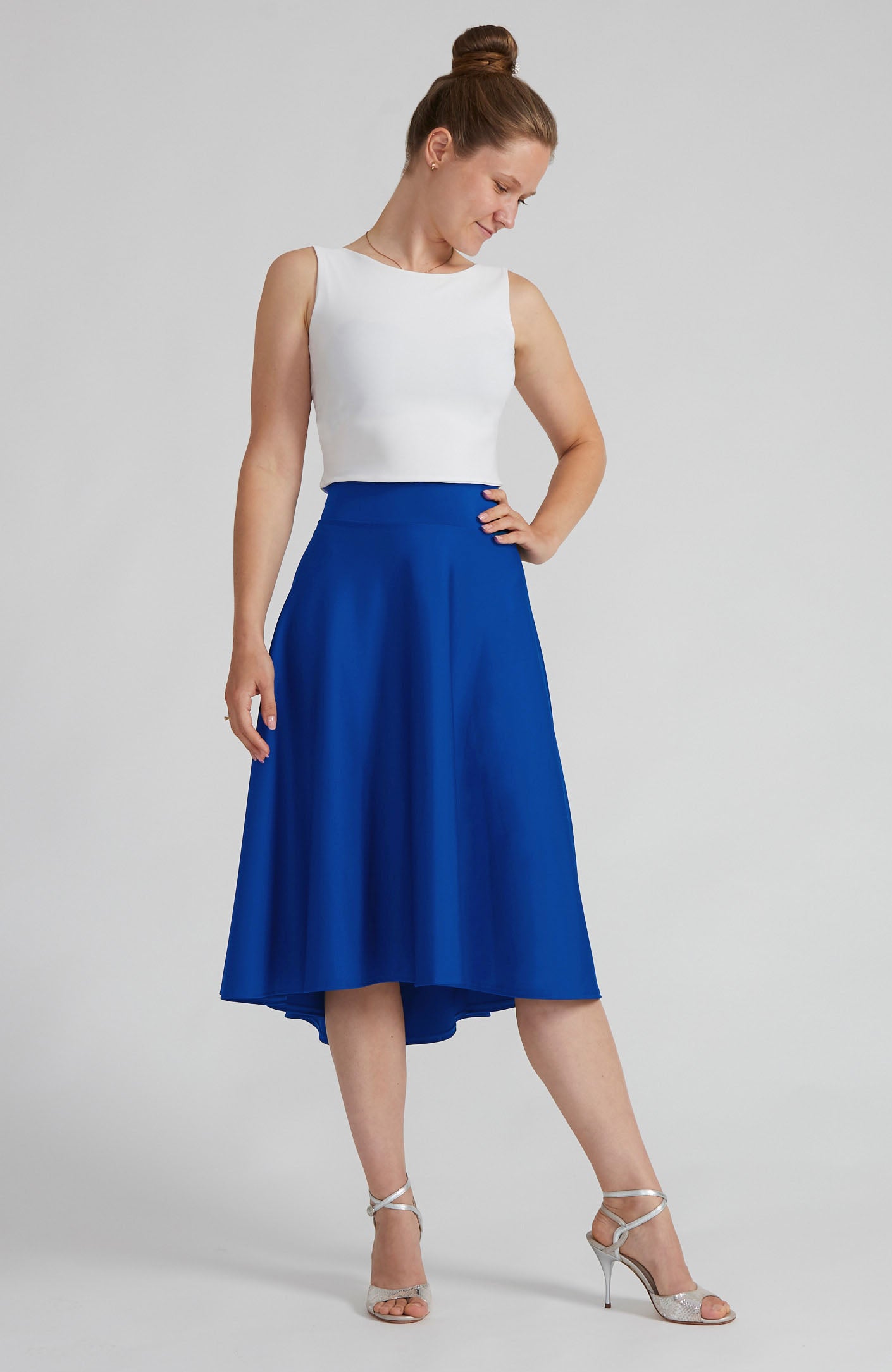 Royal blue A-line Argentine tango skirt paired with a white bateau top.