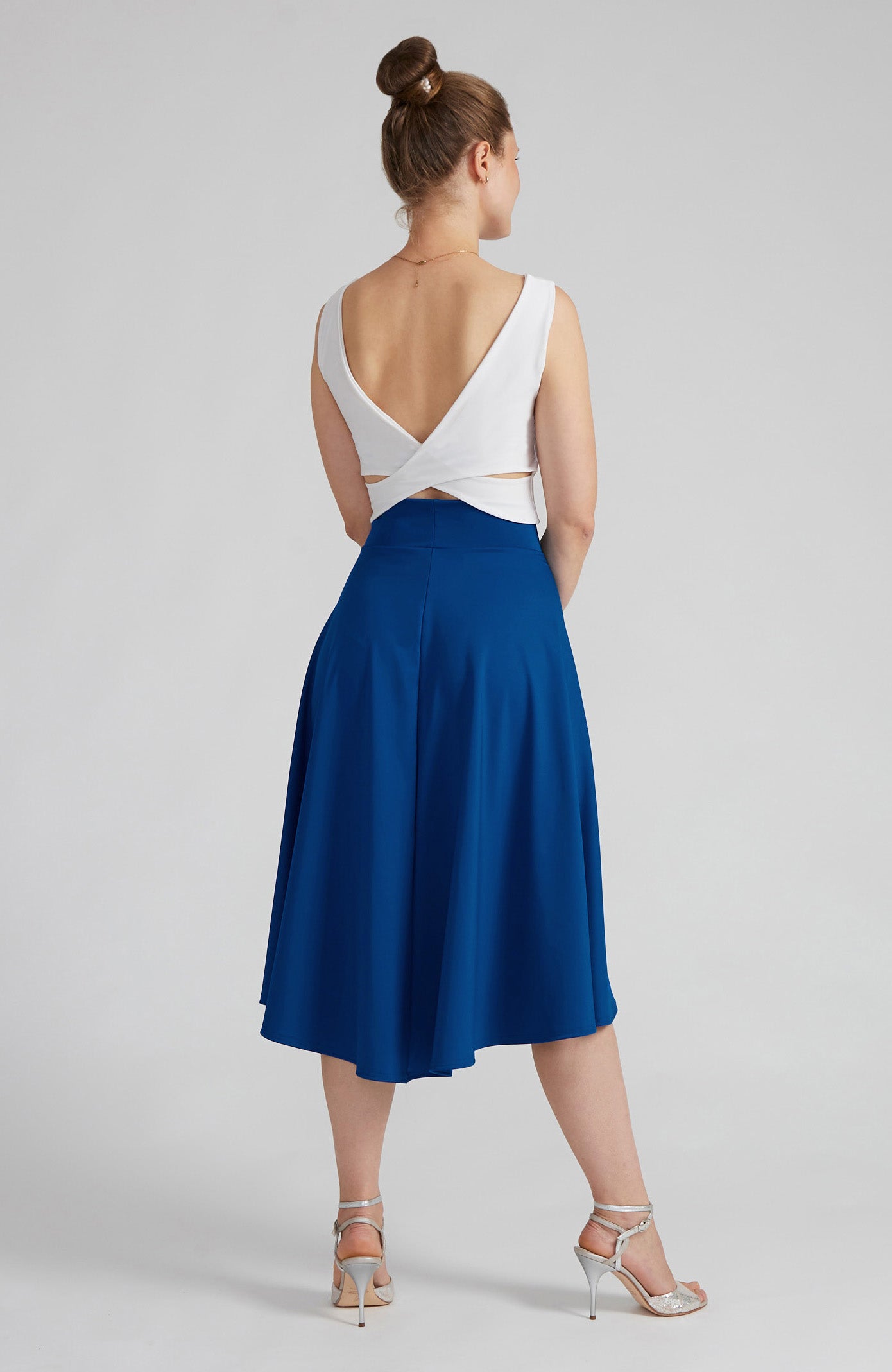 Royal blue A-line Argentine tango skirt AUDREY with a flowing high-low hem.