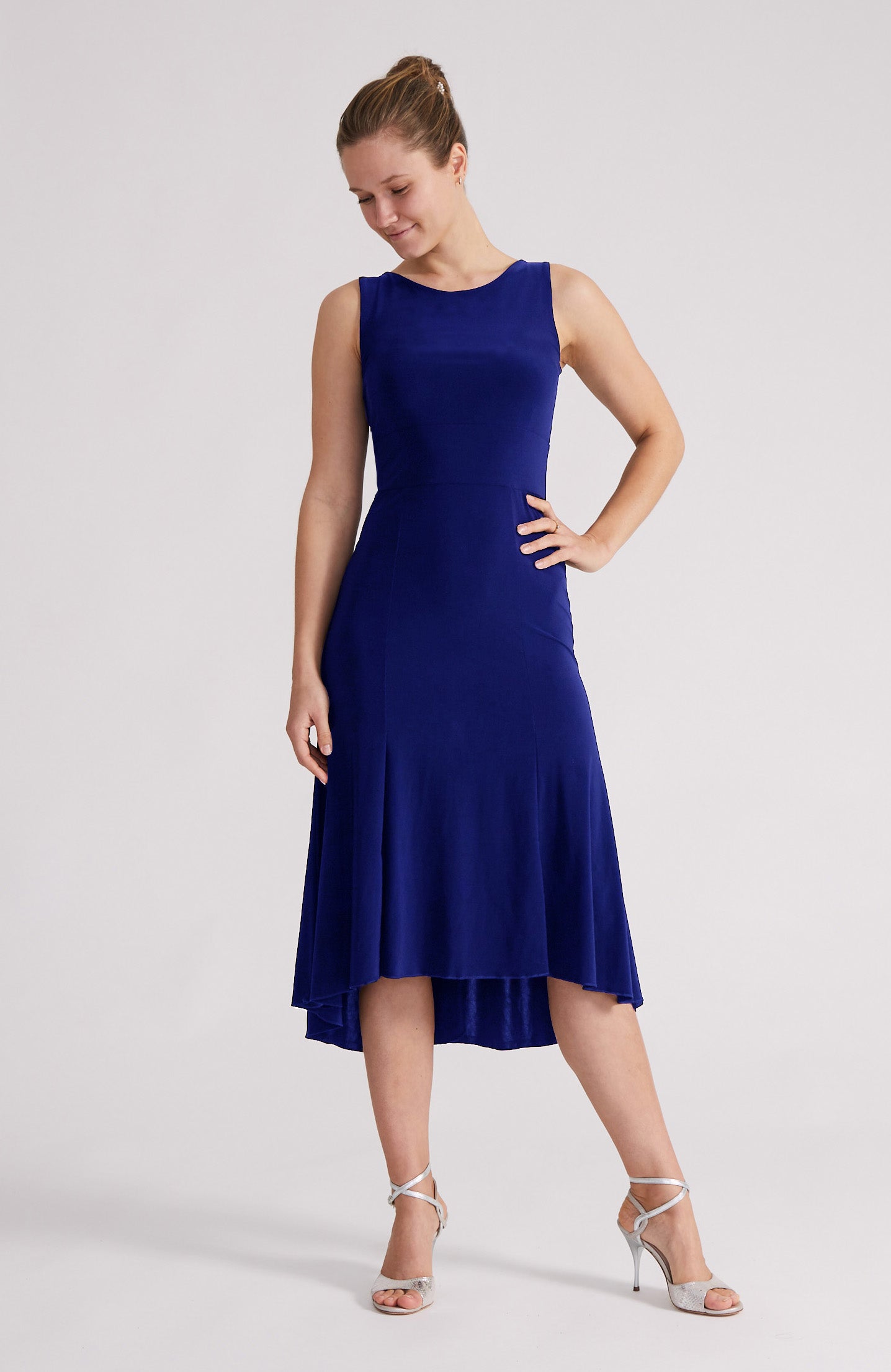 Royal blue A-line tango dress CARLA with a bateau neckline and flowing high-low hem.