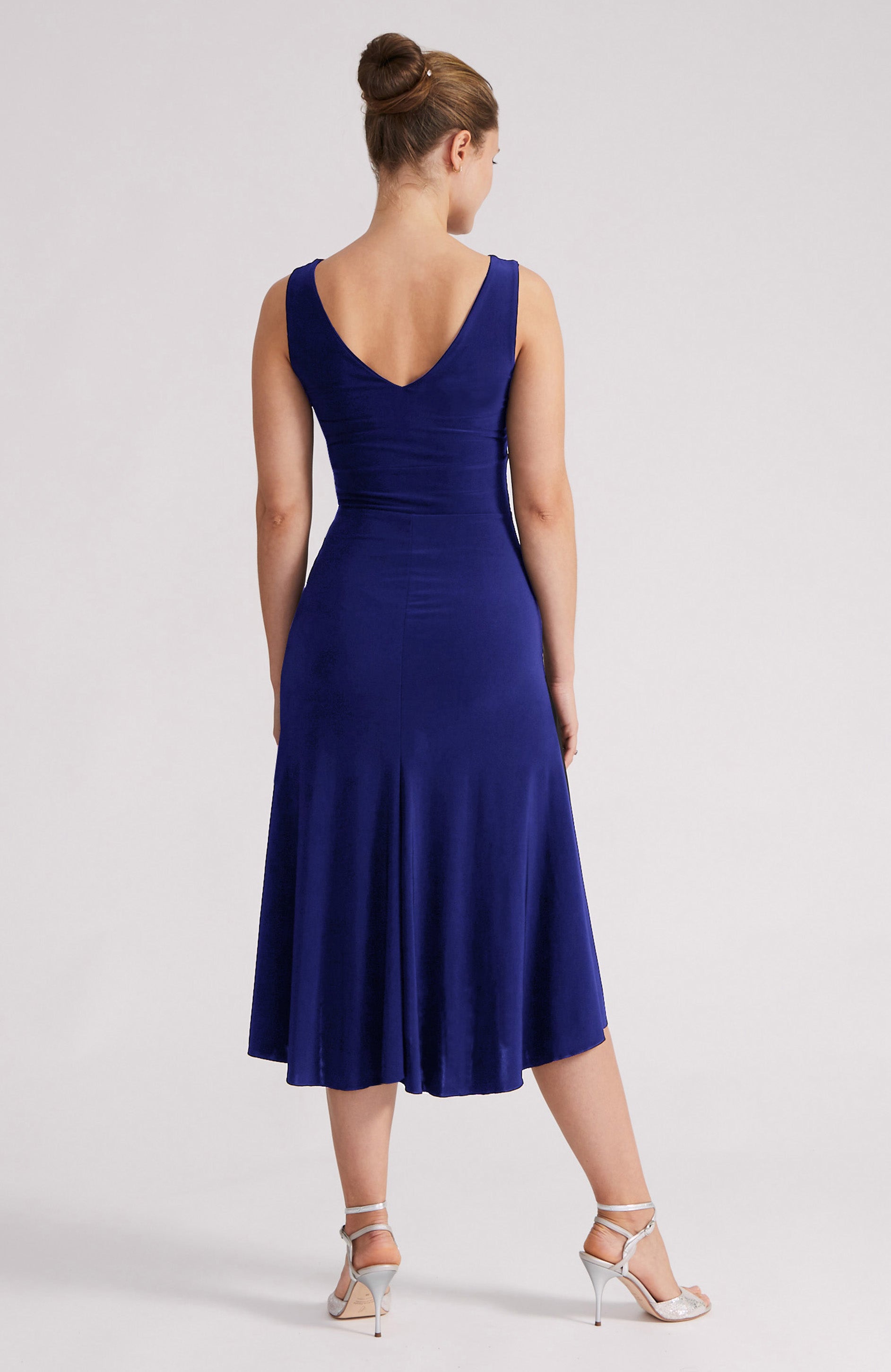 Royal blue A-line tango dress CARLA with a bateau neckline and flowing high-low hem.
