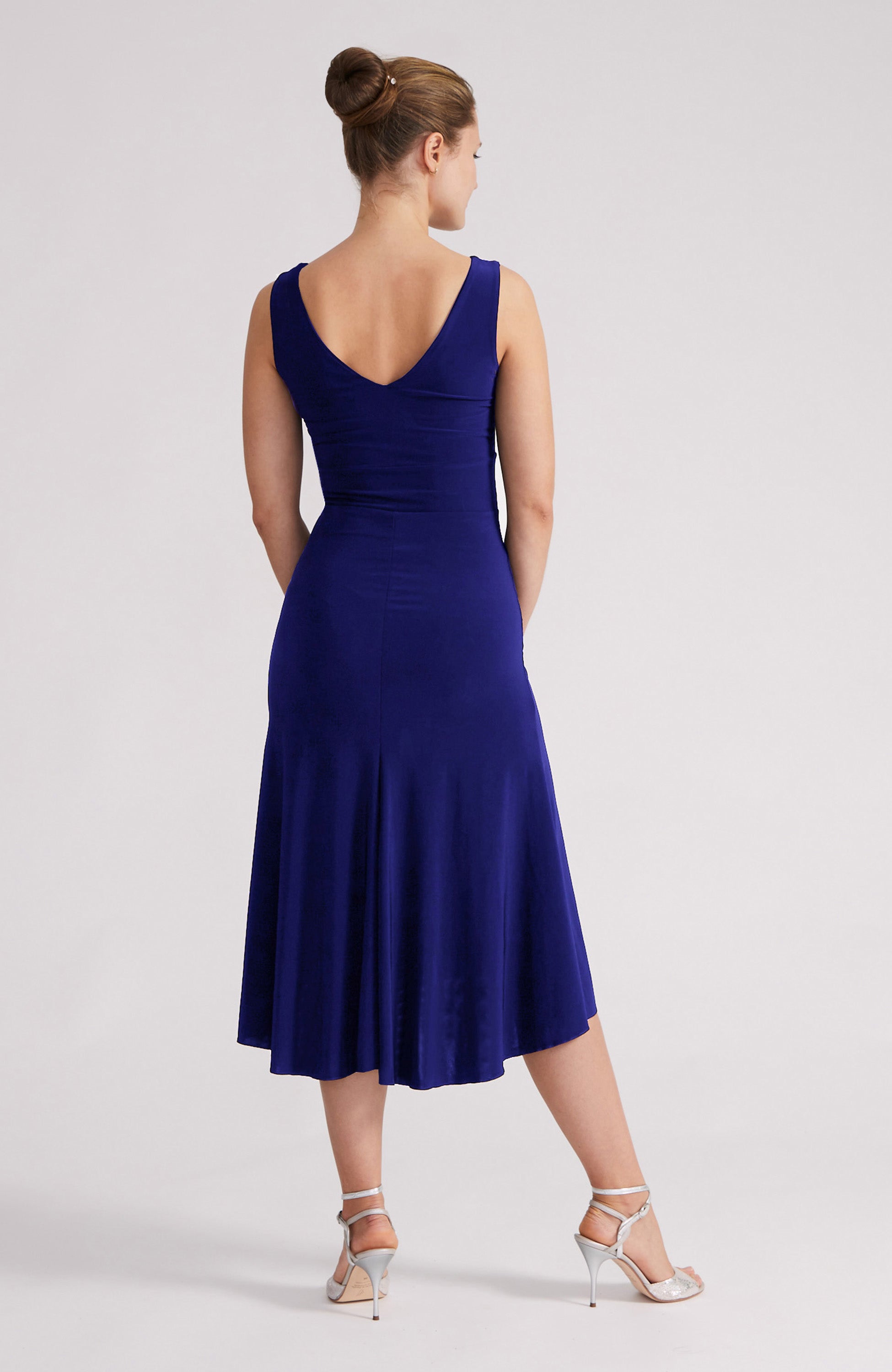 Royal blue A-line tango dress CARLA with a bateau neckline and flowing high-low hem.