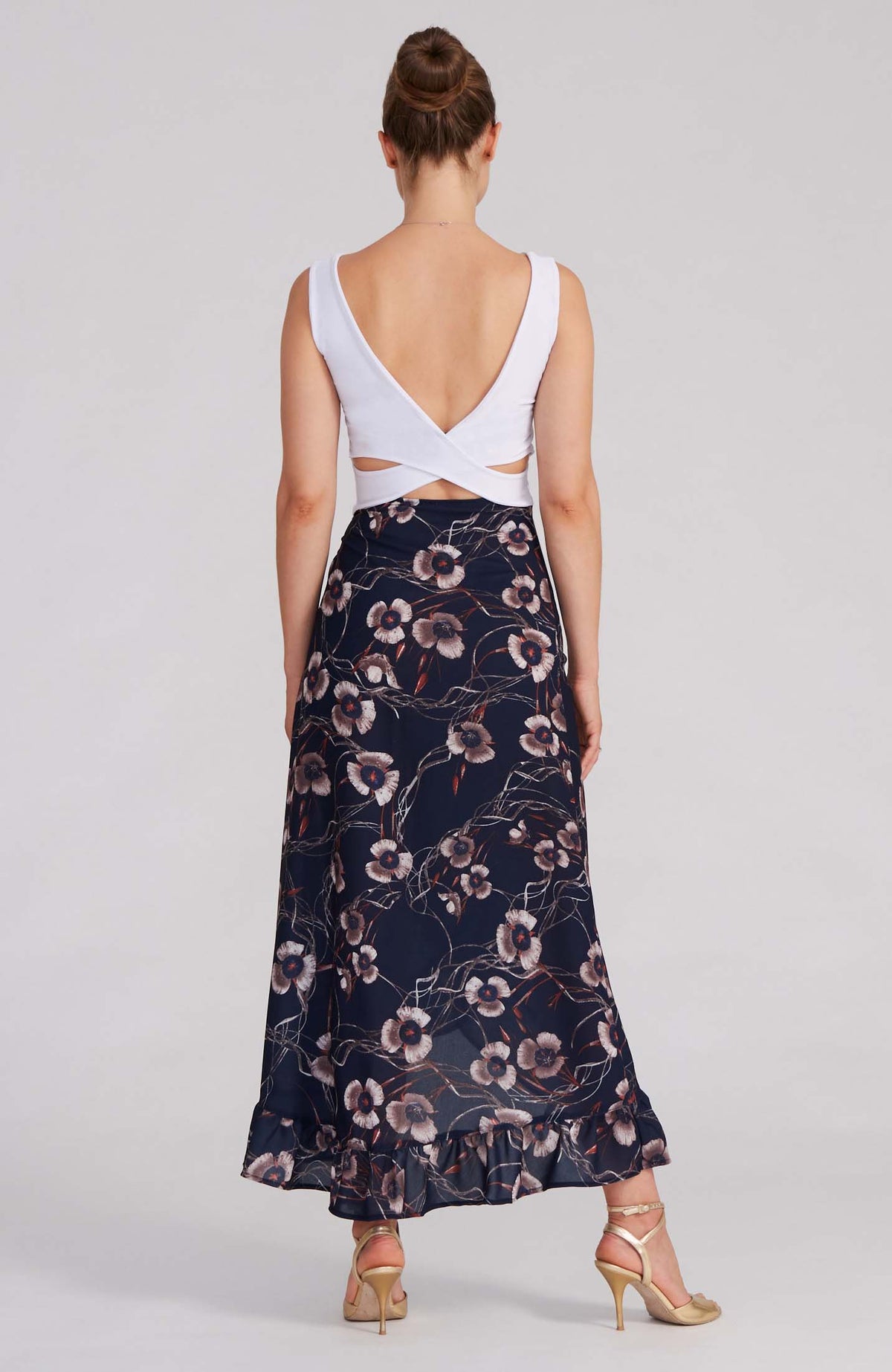 Autumn Floral Tango Wrap Skirt with Ruffle Hem in Navy Blue – DINA