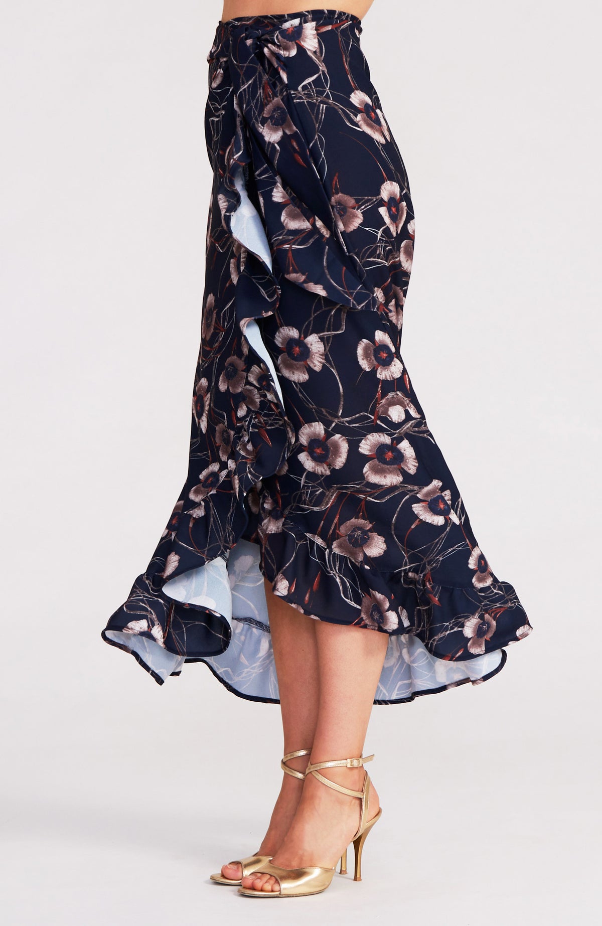 Autumn Floral Tango Wrap Skirt with Ruffle Hem in Navy Blue – DINA