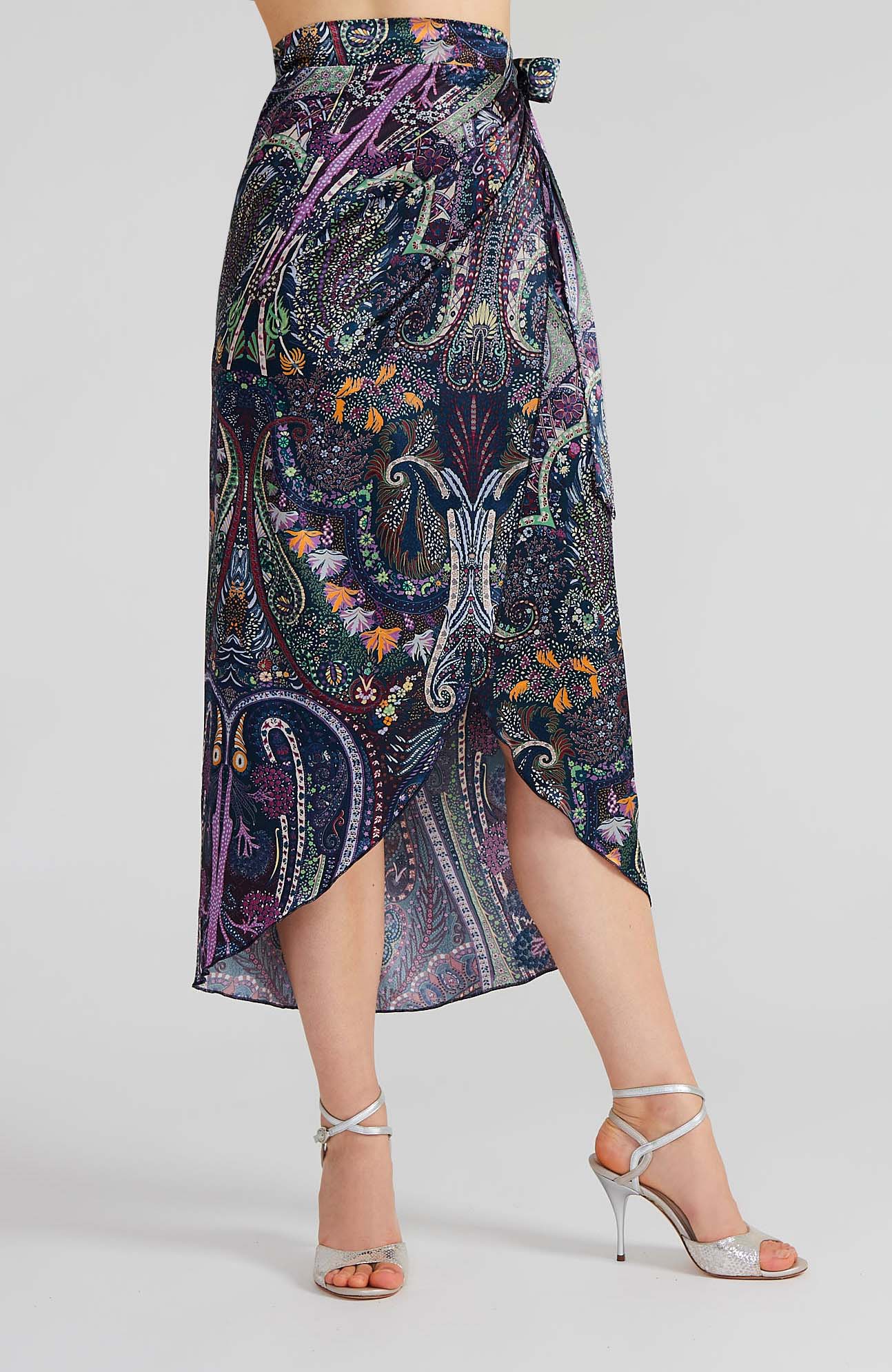 Satin Tango Wrap Skirt with Draped Detail in Paisley Print – JULIET