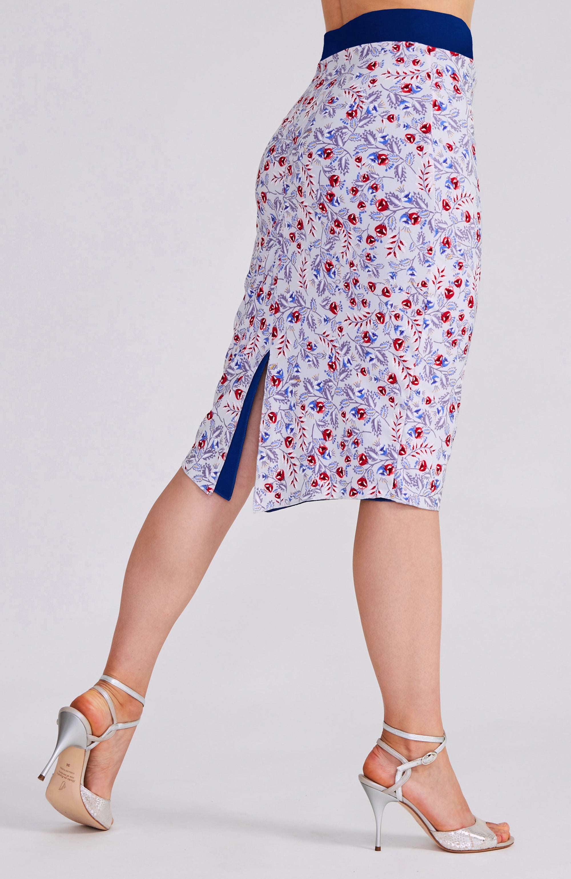 CLARA Reversible Tango Skirt in Royal Blue & Red Florals