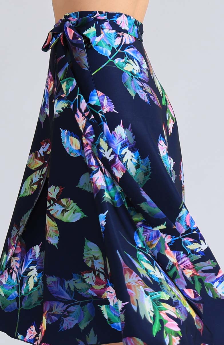 Tropical leaf print wrap tango skirt COCO in navy blue with a fluid drape.