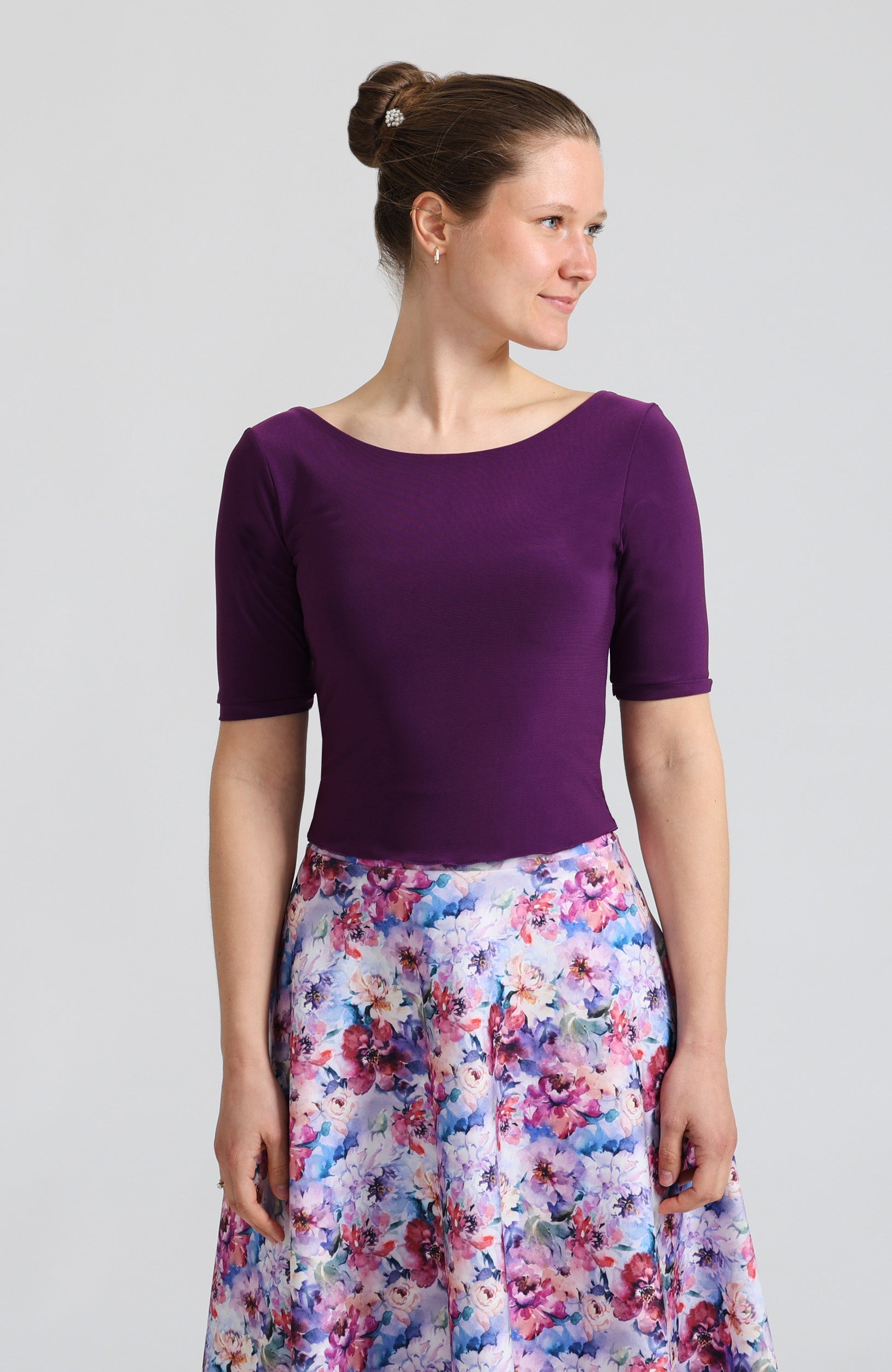 Violet Dorotea tango top with sleeves and elegant draped back.